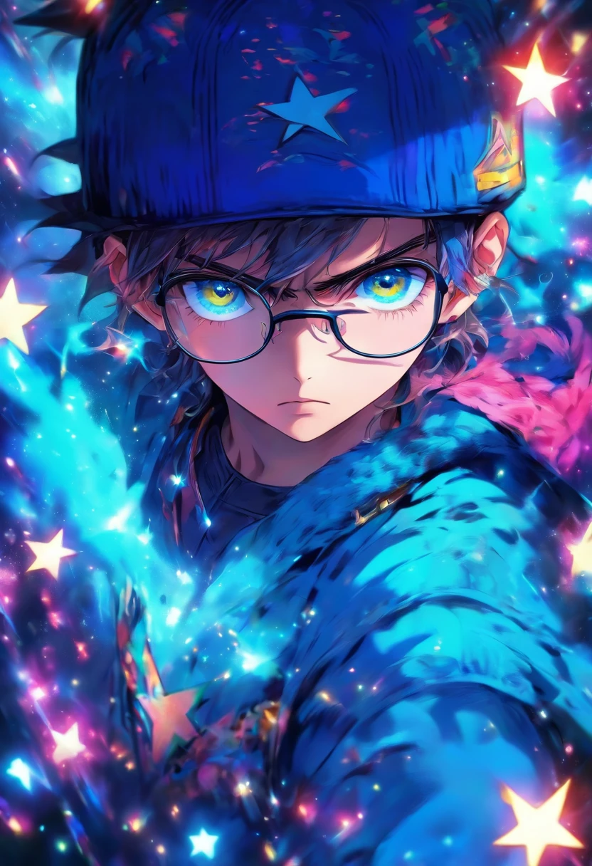 One with a star hat,black-frame glasses,Boy with blue pupils