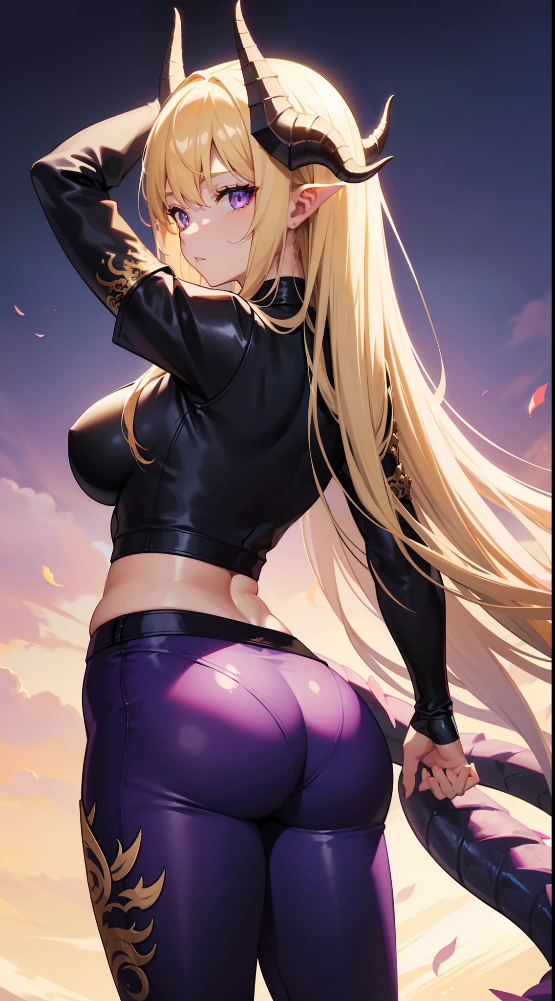 young girl, long blond hair, dragon horns, purple eyes, tattoo, blue tight shirt, open belly, black tight pants, view from behind, masterpiece, high quality, high detailed, HD, 4K