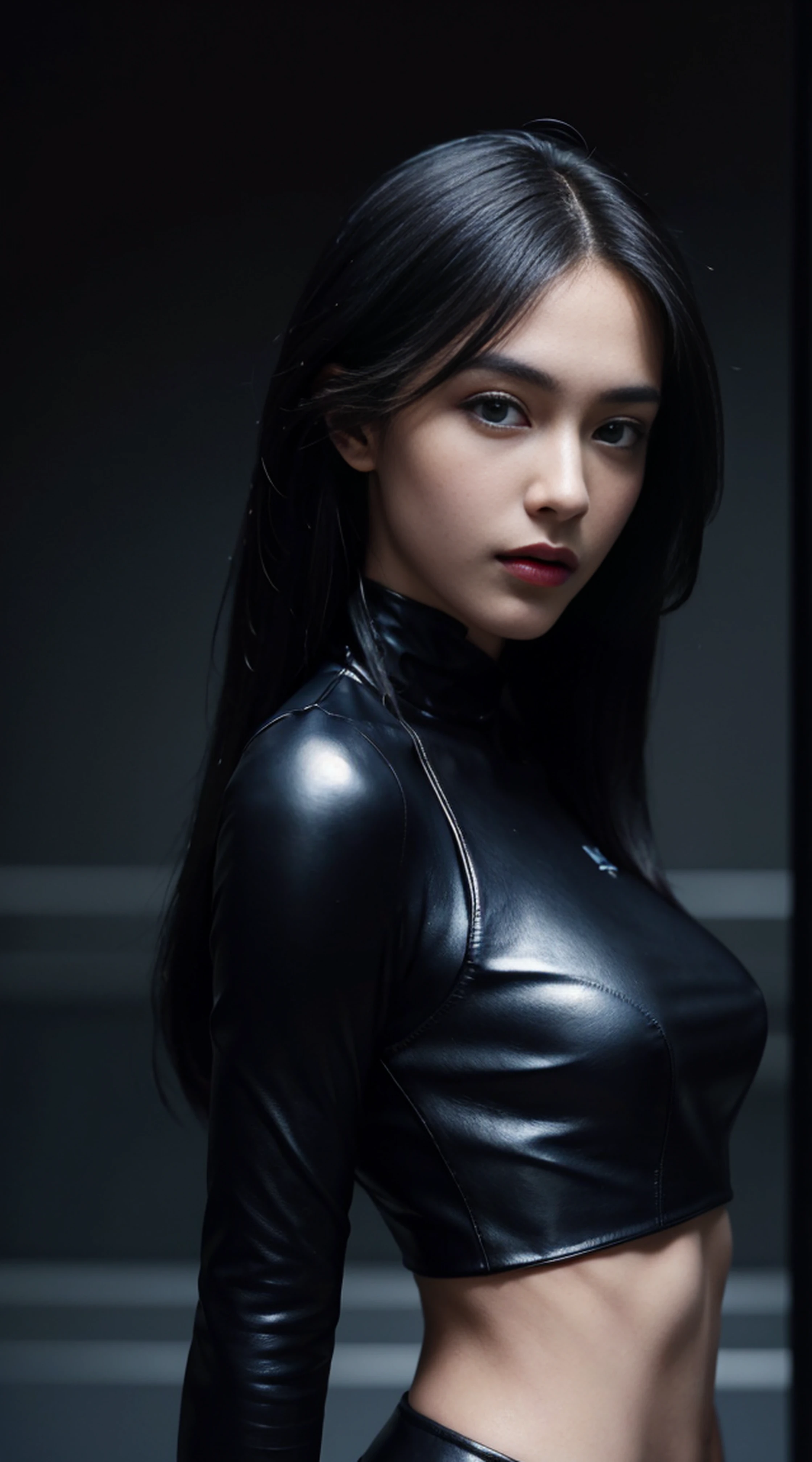 8K, Top Quality, Intricate Details, Ultra Detail, Ultra High Resolution, Masterpiece, ((close up shot)), shot from behind , looking away from viewer, Slender, not smile, (Makeup: 0.4), (Fluffy Blue Eyes: 1.21), blue Eyes,, ((full body)), 1girl, solo, 1 girl, (( full body)),  close-up shot, standing ,looking away , holding gun,  Photography from behind, ((tall)), (((fit body))), (((slim face))), sharp face, sharp eyes, ((( black hair,  long hair ))),  (detailed face), sharp face, small lips, thin lips, 
 ((  futuristic top, futuristic pants, futuristic glove, futuristic boots  )),Holding a gunblade,  detailed face, detailed breast, , large breast, detail ass, round ass , Beautiful girl with accentuated slender abs: 1.4, Six Pack Abs: 1.4, Bust Botox, Big, Perfect Body, detail leg, ),, cyberpunk background,