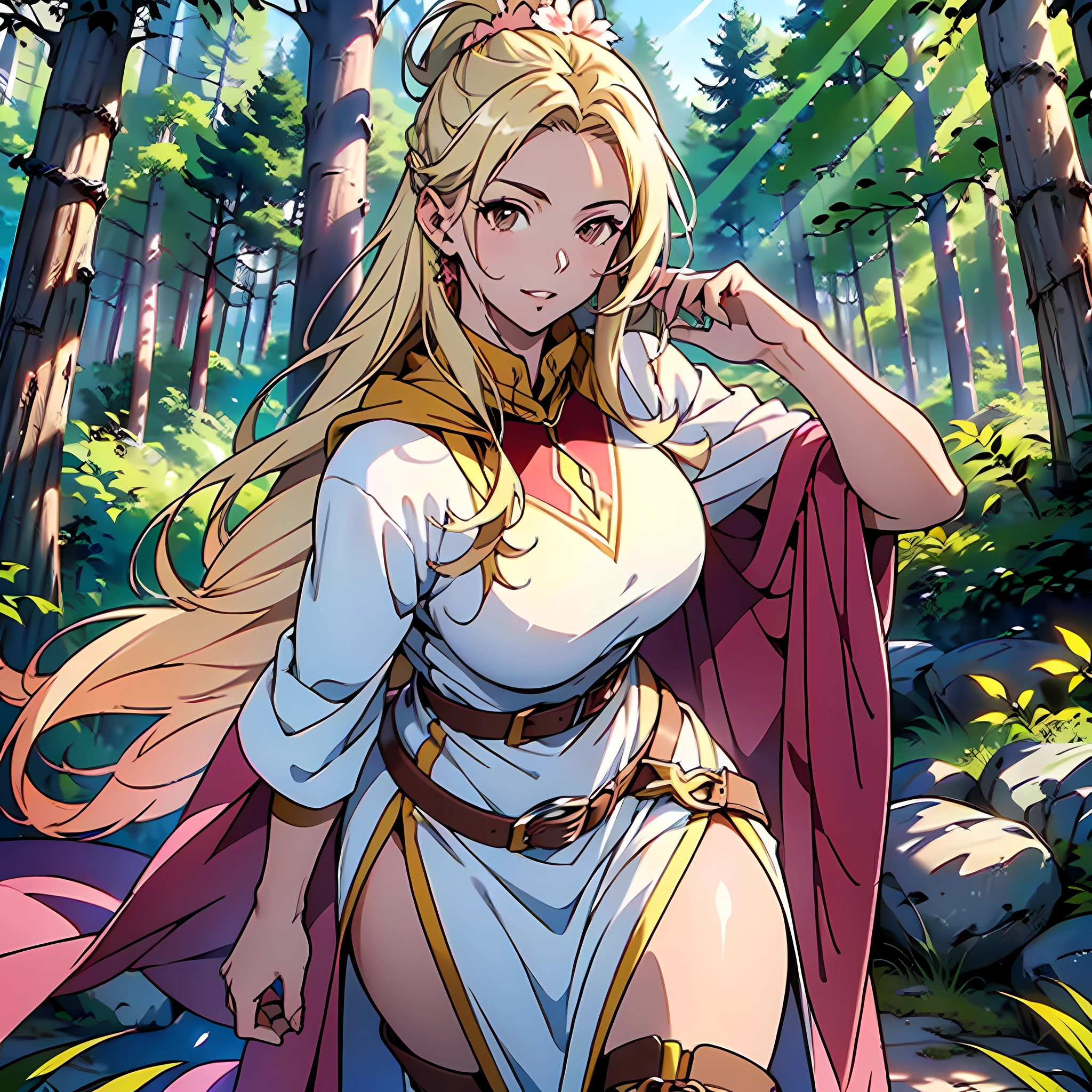 ((Mature woman)) ((Anime art)) ((Best quality, masterpiece, best resolution, breathtaking scenery, 4k quality, sharp full HD image, high clarity)), ((a character, standing, alone in the scene, facing the viewer)), ((curvaceous body, large breasts, round breasts, thick thighs, voluminous body, wide hips)), ((white flowery dress, cloak with green hood, daisy in the hair, pink belt, brown cloth boots)), (brown eyes, sweet look, beautiful face, cute face, inviting lips, blond hair tied in a ponytail, straight hair, white skin), ((forest with trees of different colors, abundant natural scenery))