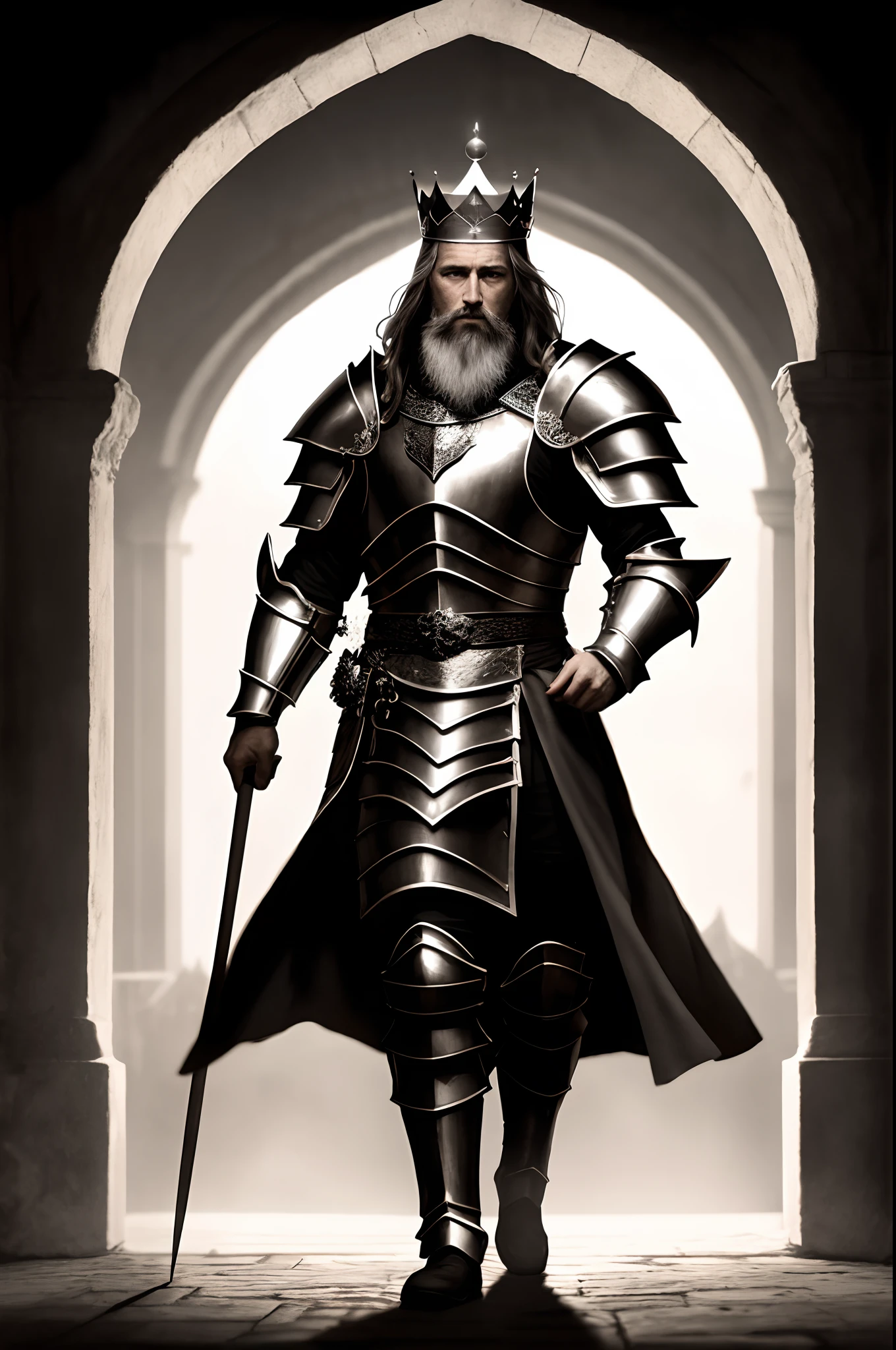 best quality, 500px, cgsociety, 8k, raw photo of (beautiful:1.2) human king, wear king crown, king armor, 40yo, beard, in castle, full body, ambient light, backlight, volumetric lighting, realistic, realistic lighting, cinematic lighting, depth of field, sharp focus, (high contrast:1.2), (film grain)
