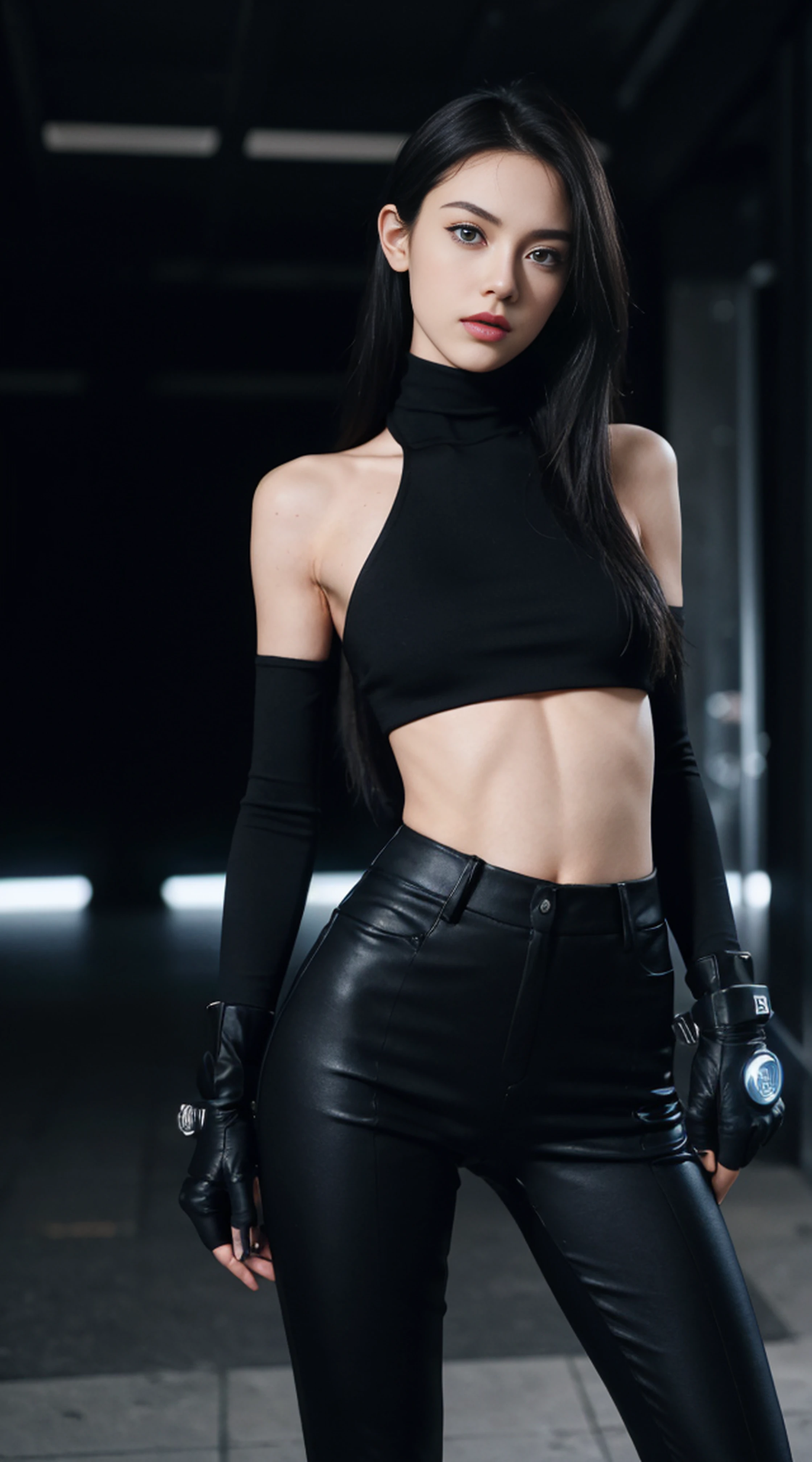 8K, Top Quality, Intricate Details, Ultra Detail, Ultra High Resolution, Masterpiece, ((close up shot)), shot from behind , looking away from viewer, Slender, not smile, (Makeup: 0.4), (Fluffy Blue Eyes: 1.21), blue Eyes,, ((full body)), 1girl, solo, 1 girl, (( full body)), close-up shot, standing ,looking away , holding gun, Photography from behind, ((tall)), (((fit body))), (((slim face))), sharp face, sharp eyes, ((( black hair, long hair ))), (detailed face), sharp face, small lips, thin lips,
(( futuristic top, futuristic pants, futuristic glove, futuristic boots )),Holding a gunblade, detailed face, detailed breast, , large breast, detail ass, round ass , Beautiful girl with accentuated slender abs: 1.4, Six Pack Abs: 1.4, Bust Botox, Big, Perfect Body, detail leg, ),, cyberpunk background,
