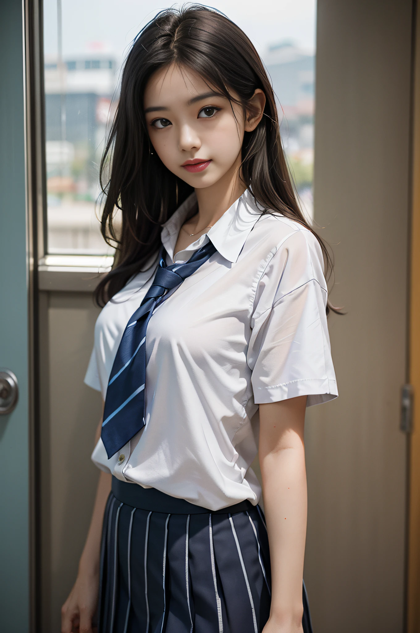 Top image quality、超A high resolution、masutepiece、Photoquality(photographrealistic:1.8)、Delicate skin texture、accuracy、Japan women、17 age、Girl Smile、A dark-haired、Cute dimples、Non-makeup、Medium straight hair、Boyish girl、I am an honors student、Slender girl、Smaller chest、Flat-breasted、Look straight at me、hi-school girl、White short sleeve blouse、White shirt with collar、The hem of the shirt is sloppy、Dark blue blazer、Japanese high school  girl、校服、Red and blue striped ribbon ties、Dark blue box pleated skirt、Has a skirt hem、 Stand in the hallway of the school、by the window、Facing the front、Dark dark gray sky、It's raining heavily、