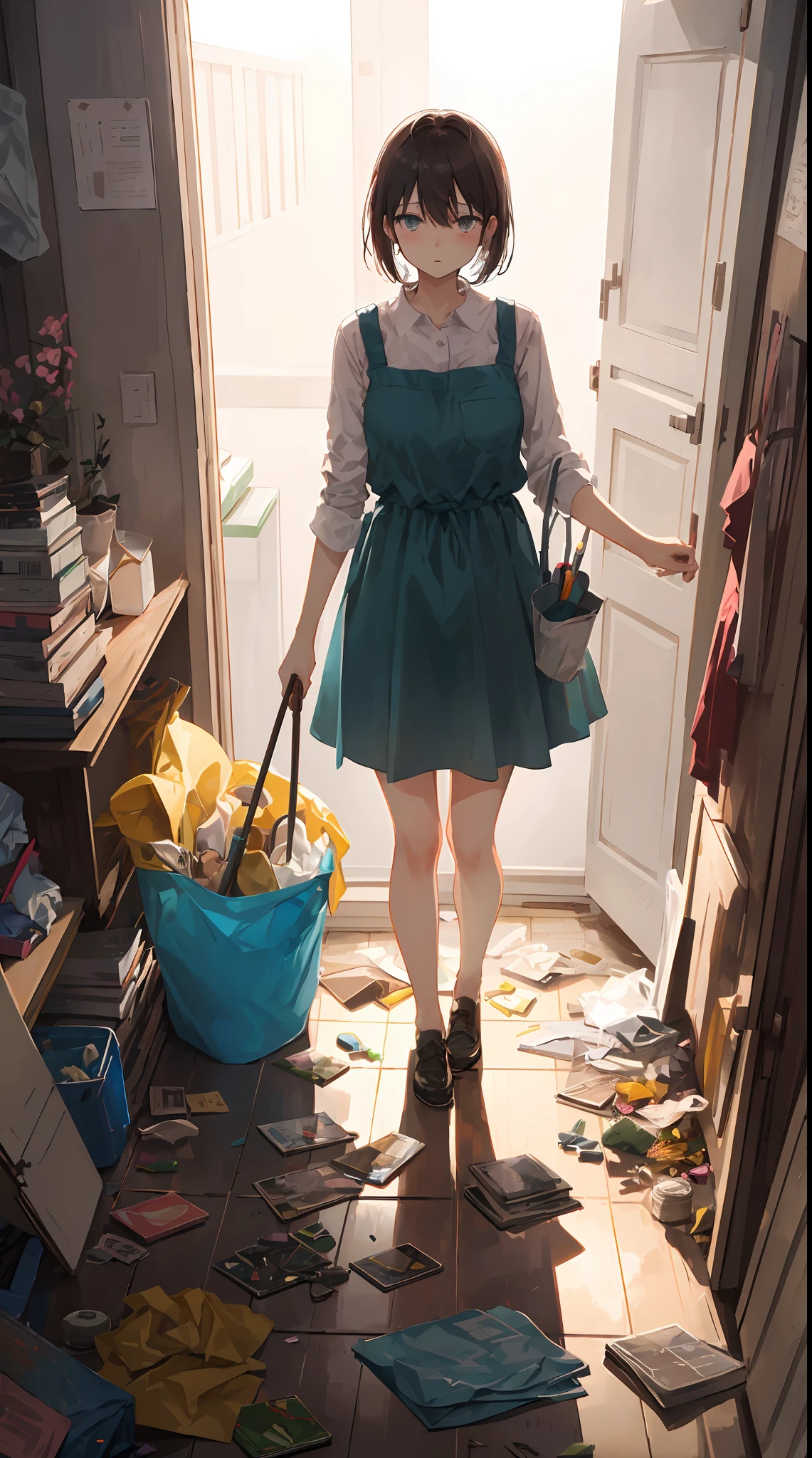 This illustration is、Pretty girl standing in a room filled with garbage、It depicts a moment when you are furious about the situation。She、Holding cleaning tools in hand、Its eyes are burning with anger。Among them、Old magazines、leftover food、Filled with unused household appliances。 however、The most notable is、She gives off「The high-energy body of the final mystery」is。This energy body is、Released from her body、Has the power to erase garbage in the room in an instant。ha、Emitting a pale light、That light is in the corner of the room々It has been delivered to。 This moment、Garbage burns out、The room becomes clean in an instant。 Eta、At its heart is、Anger subsides、A girl with a satisfied expression is standing。