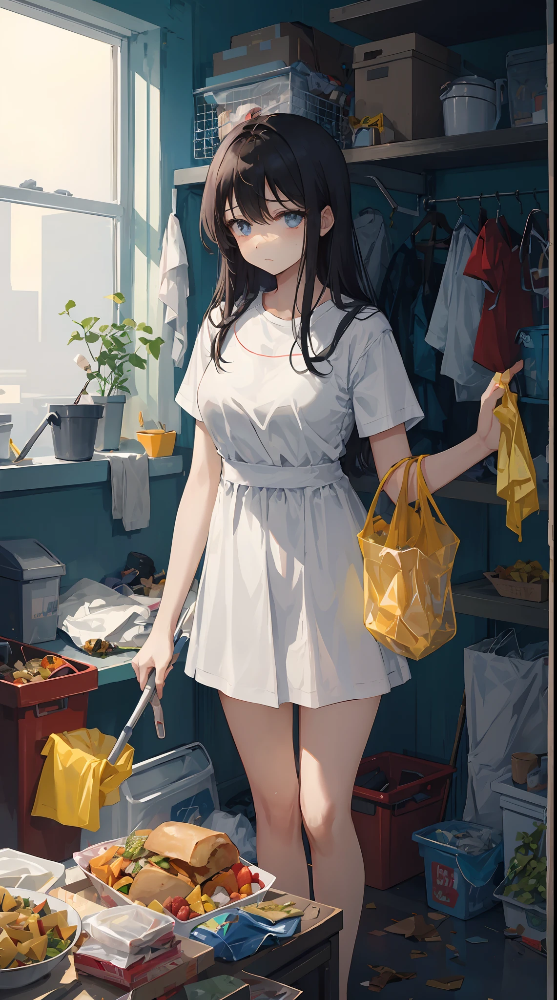 This illustration is、Pretty girl standing in a room filled with garbage、It depicts a moment when you are furious about the situation。She、Holding cleaning tools in hand、Its eyes are burning with anger。Among them、Old magazines、leftover food、Filled with unused household appliances。 however、The most notable is、She gives off「The high-energy body of the final mystery」is。This energy body is、Released from her body、Has the power to erase garbage in the room in an instant。ha、Emitting a pale light、That light is in the corner of the room々It has been delivered to。 This moment、Garbage burns out、The room becomes clean in an instant。 Eta、At its heart is、Anger subsides、A girl with a satisfied expression is standing。