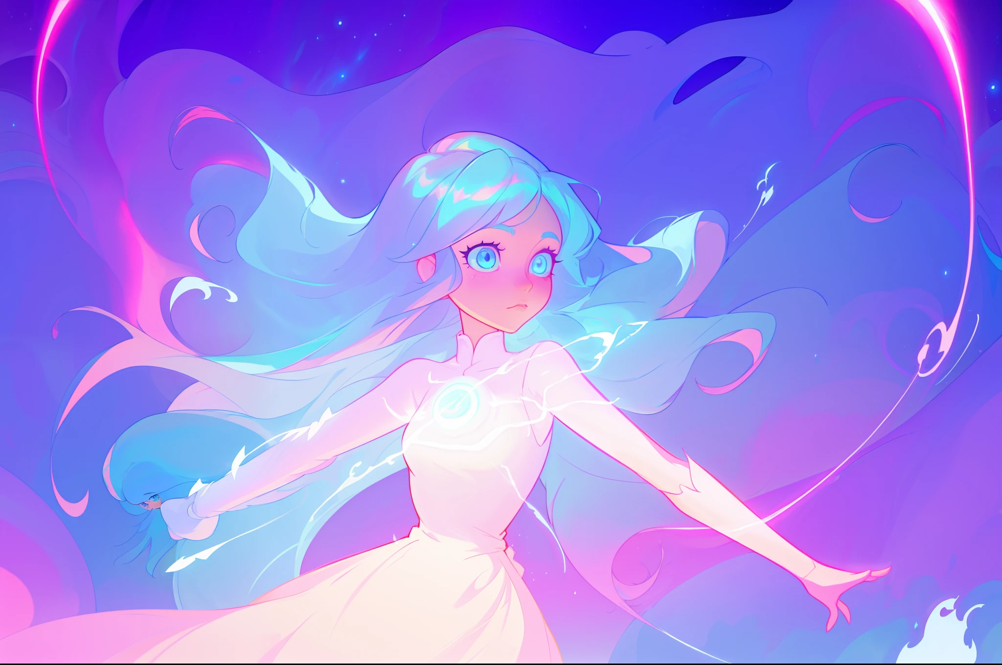 anime girl with long hair and blue eyes in a white dress, long glowing ethereal hair, glowing aura around her, glowing lens flare wraith girl, glowing flowing hair, anime girl with cosmic hair, jen bartel, inspired by Lois van Baarle, flowing glowing hair, glowwave girl portrait, glowing magical shiny skin, vibrant fantasy style, beautiful digital illustration, inspired by Glen Keane, inspired by Lois van Baarle, disney art style