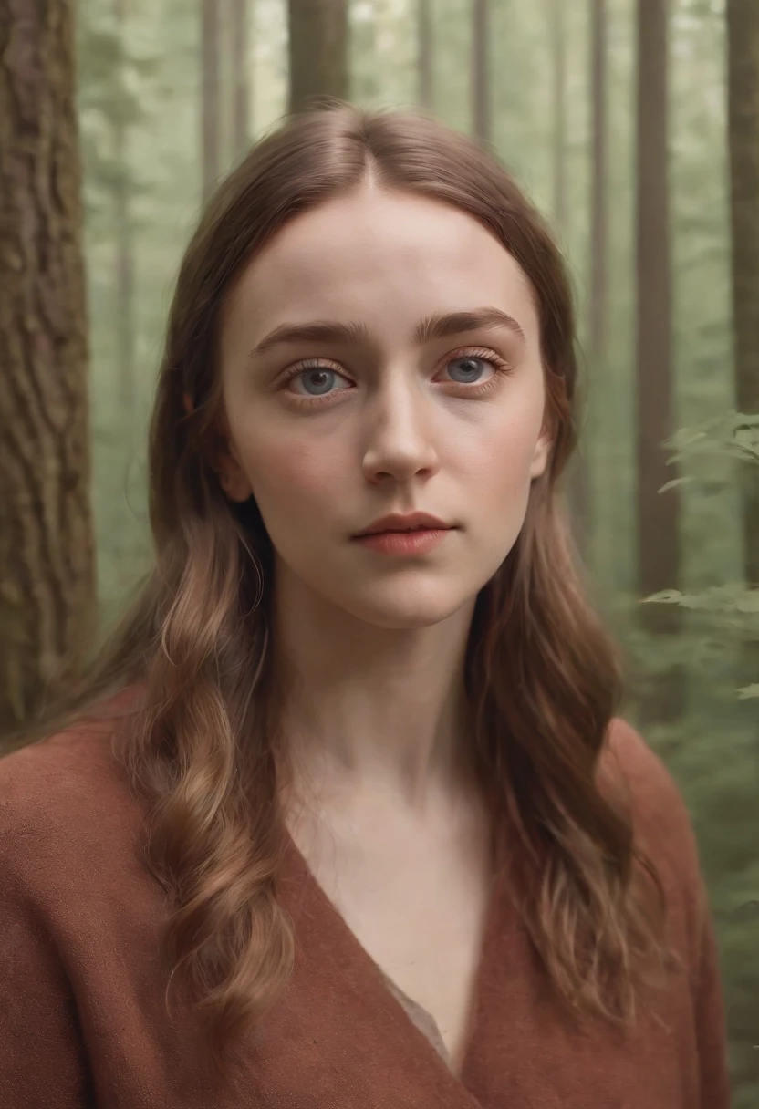 Gerar uma pintura digital hiper-realista inspirada na atriz Saoirse Ronan. A pintura deve representar uma jovem com olhos castanhos claros e cabelos castanhos claros, vestindo um casaco com capuz. Ela deve ser mostrada imersa na beleza de uma floresta. The style of the painting should resemble that of Simon Stålenhag and Casey Weldon, with an exceptional level of detail. Use the oil-on-panel technique. Make sure the girl's realistic self-portrait captures the essence of hyperrealism and realistic illustrative painting. Pay close attention to the details of the 's face to get a photorealistic result that emphasizes her beauty and immerses her in the enchanting atmosphere of the forest.