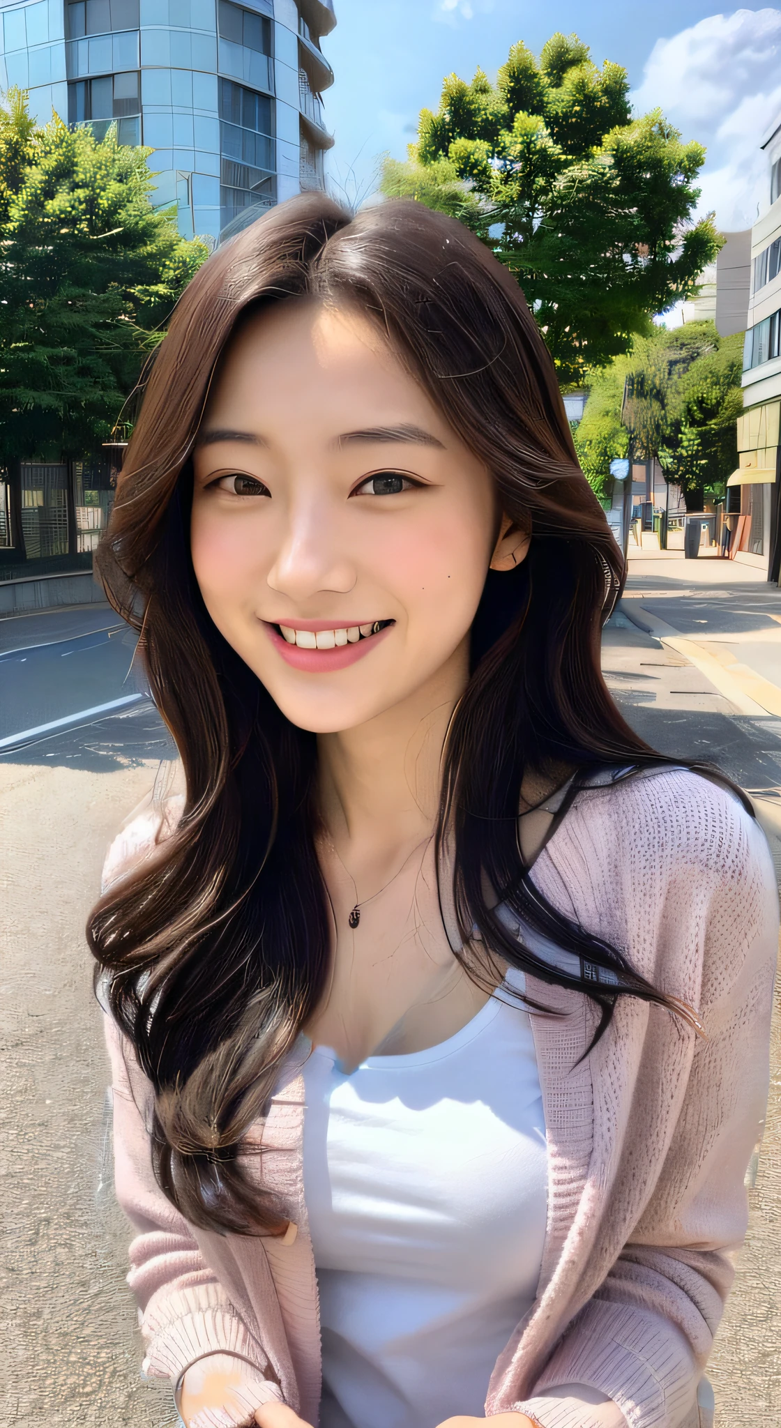 ((Highest quality)), ((masterpiece)), (detailed), Japanese,Beauty,Street Corner,OL,blouse,smile,Cleavage
