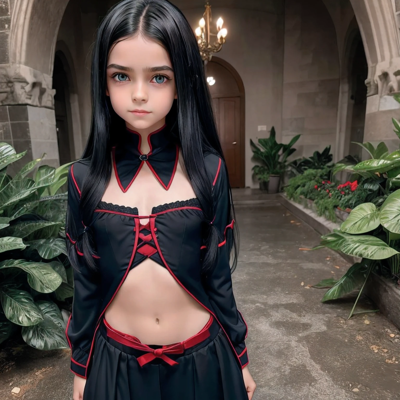 9-year-old vampire child, blue eyes and long black hair down to the waist, uniforme preto e vermelho, master part, melhor qualidade, Saia Curta, loira de olhos verdes, ajoelhada, master part, qualidade divina, altamente detalhado, fantasy scenery, Altamente realista, position posing in front of photos. tiros sequenciais