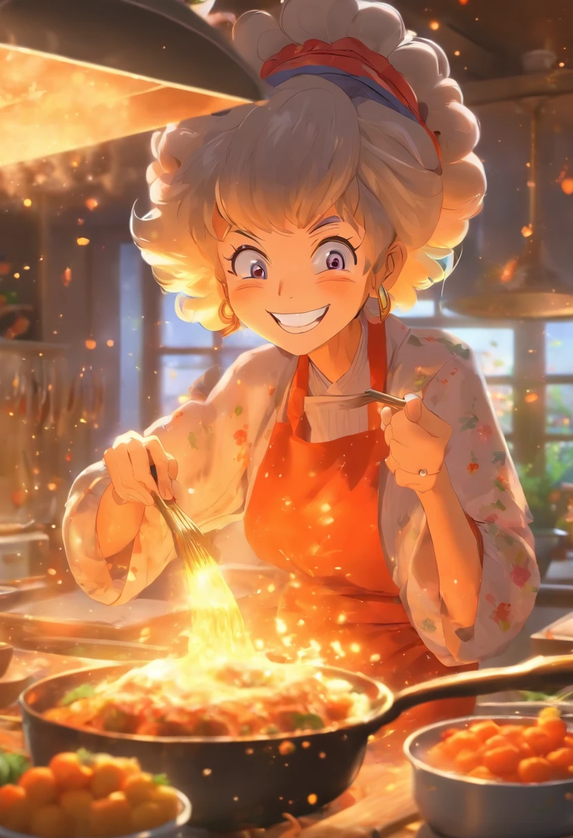 Grandma was cooking in the kitchen,Laugh happily,Enjoy the state of life