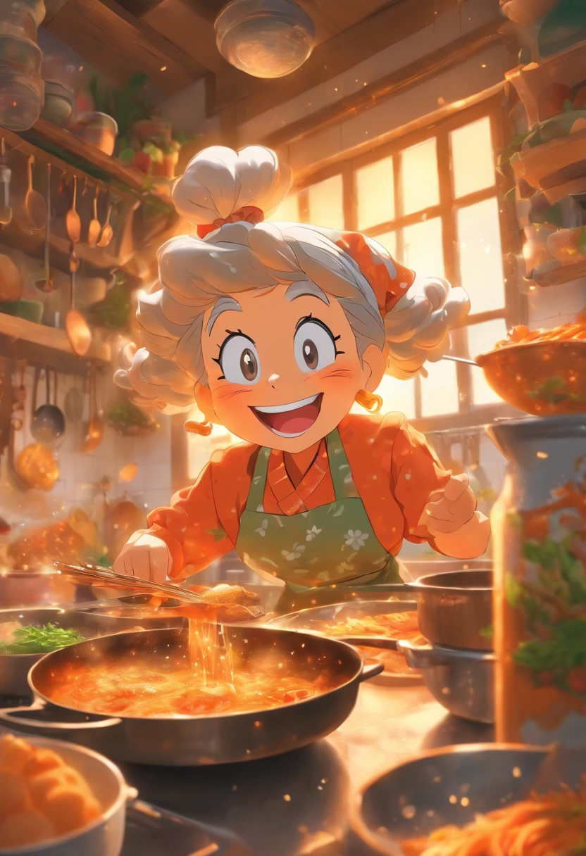 Grandma was cooking in the kitchen,Laugh happily,Enjoy the state of life