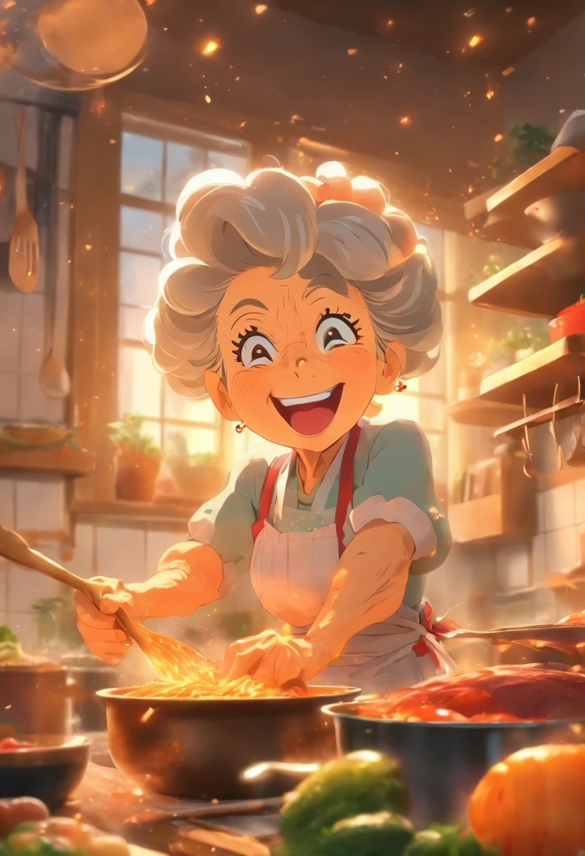 Grandma was cooking in the kitchen，Laugh happily，Enjoy the state of life