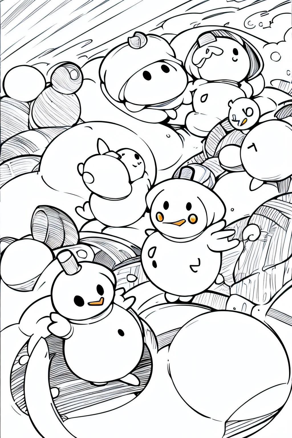 Snowmen having a snowball fight,3:1,snowman,Halloween、Abstract、Sketched、Character Line、(​masterpiece、top-quality、hight resolution:1.4)、4K、line-drawing、
