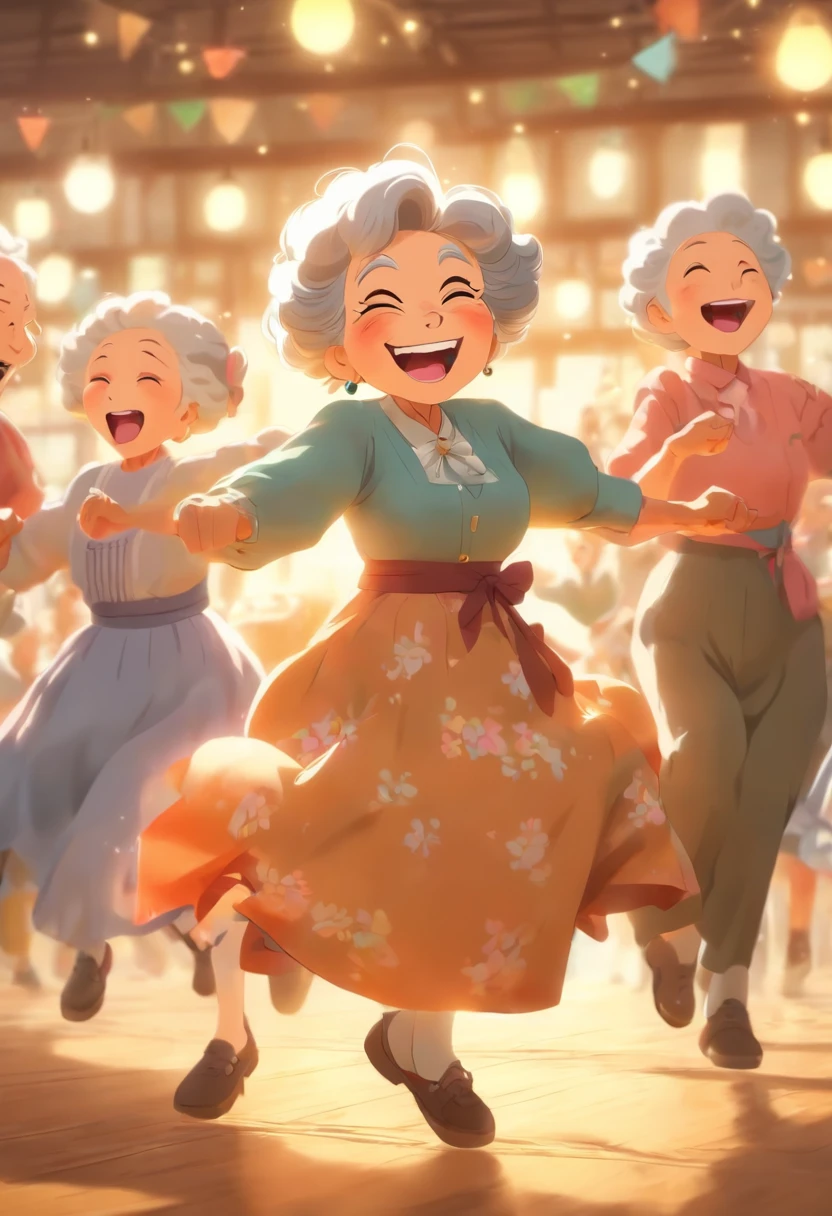 Grandma square dancing,Laugh happily,Scenes of happiness in old age