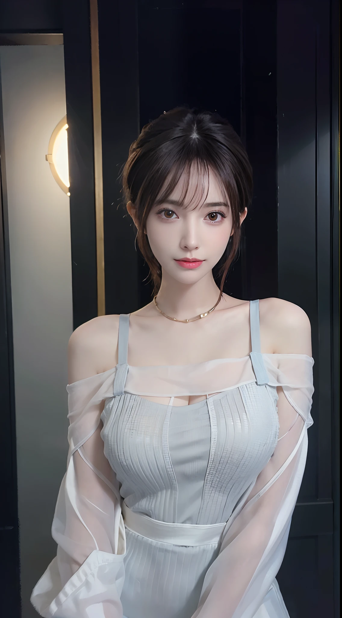 (masuter piece:1.3)、(8K、Photorealsitic、RAW photography、top-quality: 1.4)、(1girl in)、beautiful countenance、(lifelike face)、(whaite hair、Medium hair:1.3)、Beautiful hairstyle、photorealistic eye、Beautiful details、(real looking skin)、Beautiful skins、(blouse)、absurderes、enticing、超A high resolution、ultra-realistic realism、high detal、the golden ratio、Bright sunlight、Short ponytail hair