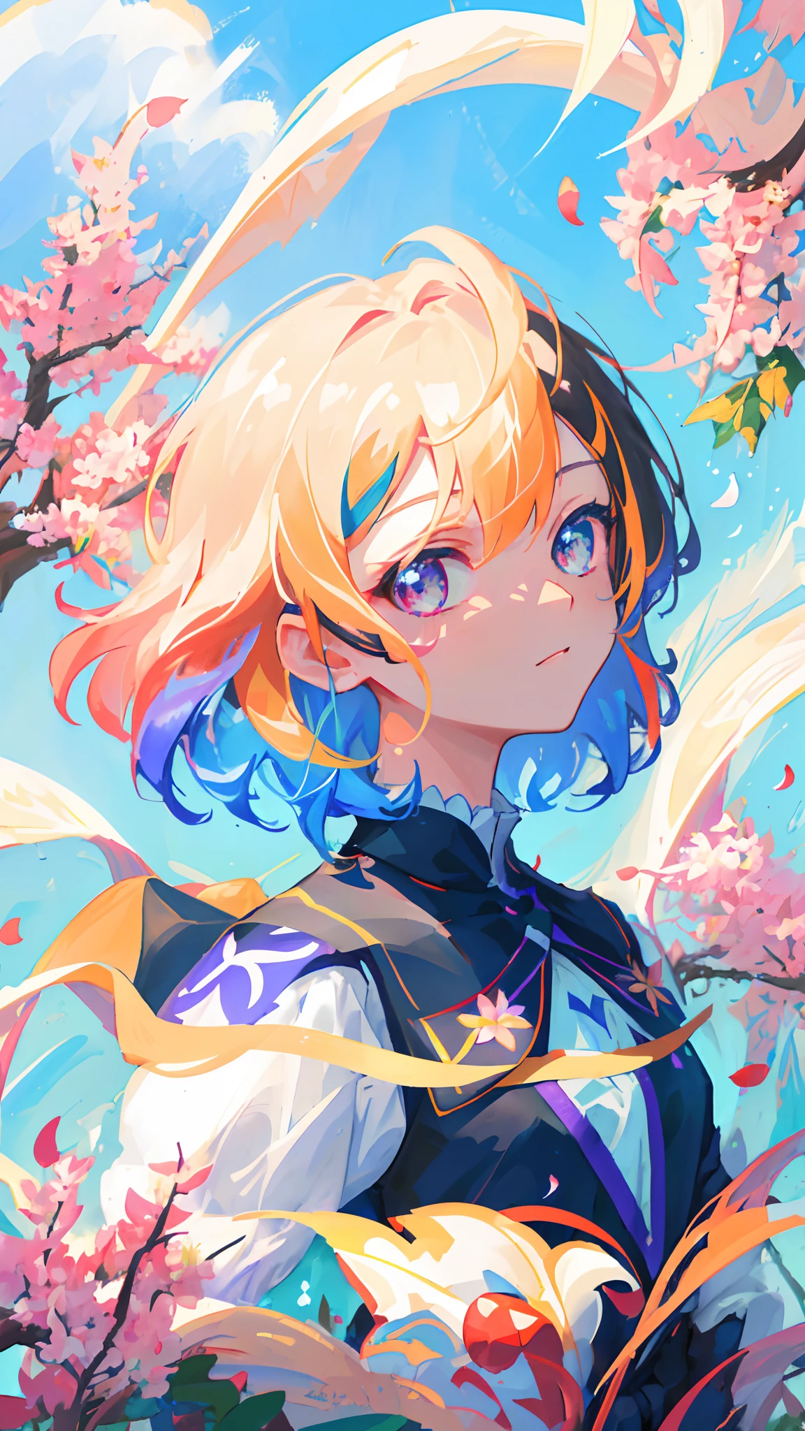(best quality),(masterpiece:1.2), (highres), (extremely detailed), (highly detailed face), (highly detailed eyes), (portrait:1.3), close up,
1girl,(solo),radiance, small breasts, (colorful hair:1.2) ,(colorful eyes), double tail, close up, (falling petals:1.2), short hair, shirt, aloof and cold,
simple background, (snickering),(emoji),