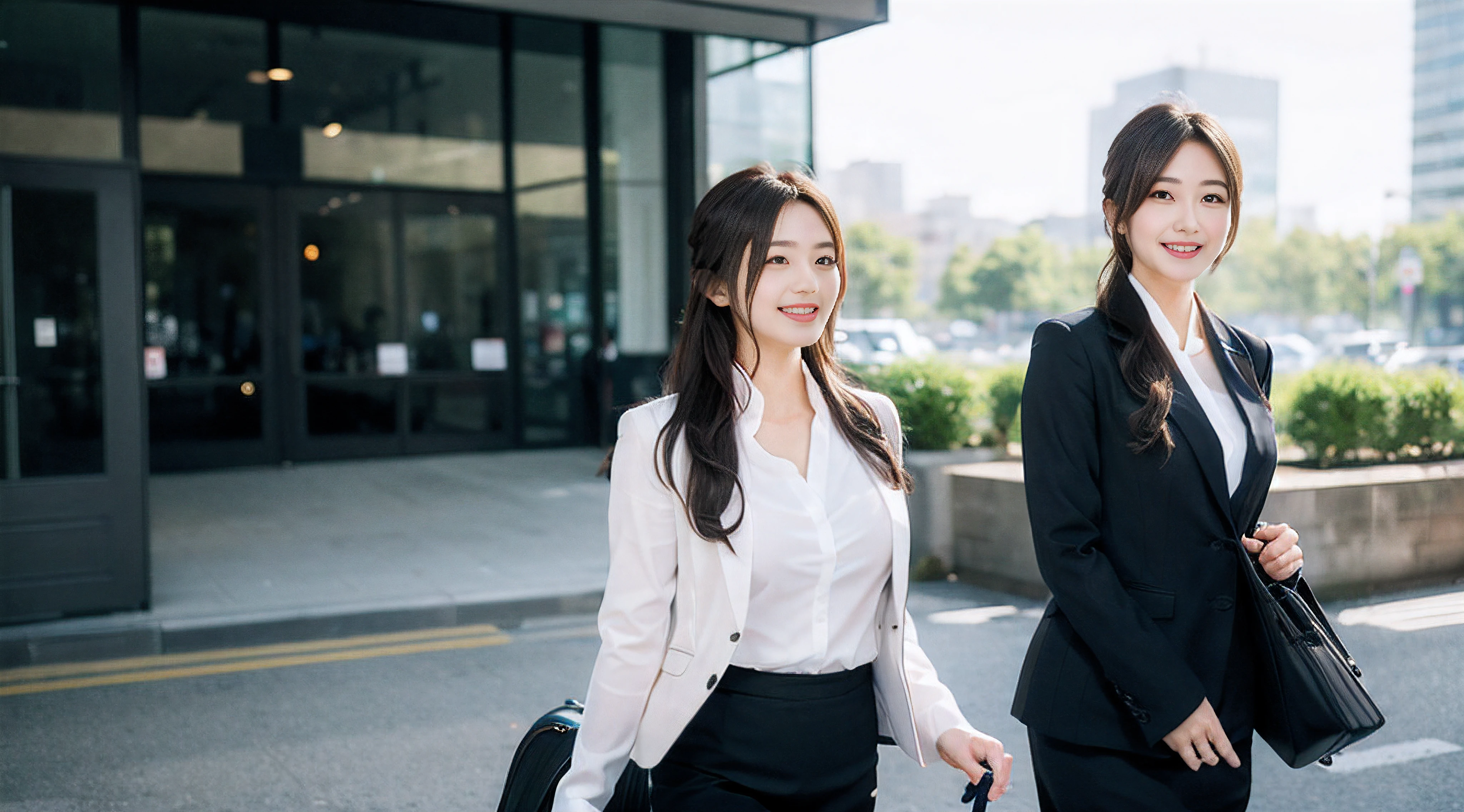 Wagas、Shooting from the side、suitcase、Walking、Beautiful woman、business sui、Black jacket、White button shirt、tight skirts、a picture、A detailed face、Detailed lips、A detailed eye、A smile