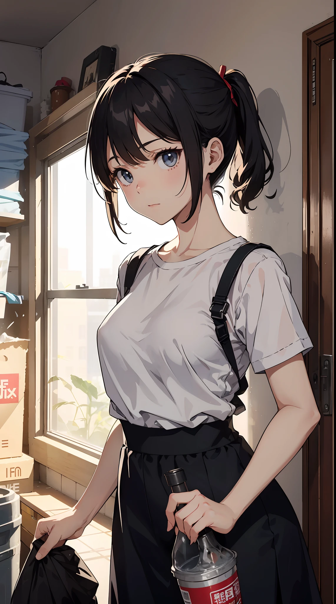 This illustration is、Pretty girl standing in a room filled with garbage、It depicts a moment when you are furious about the situation。She、Holding cleaning tools in hand、Its eyes are burning with anger。Among them、Old magazines、leftover food、Filled with unused household appliances。 however、The most notable is、She gives off「The high-energy body of the final mystery」is。This energy body is、Released from her body、Has the power to erase garbage in the room in an instant。ha、Emitting a pale light、That light is in the corner of the room々It has been delivered to。 This moment、Garbage burns out、The room becomes clean in an instant。 Eta、At its heart is、Anger subsides、A girl with a satisfied expression is standing。