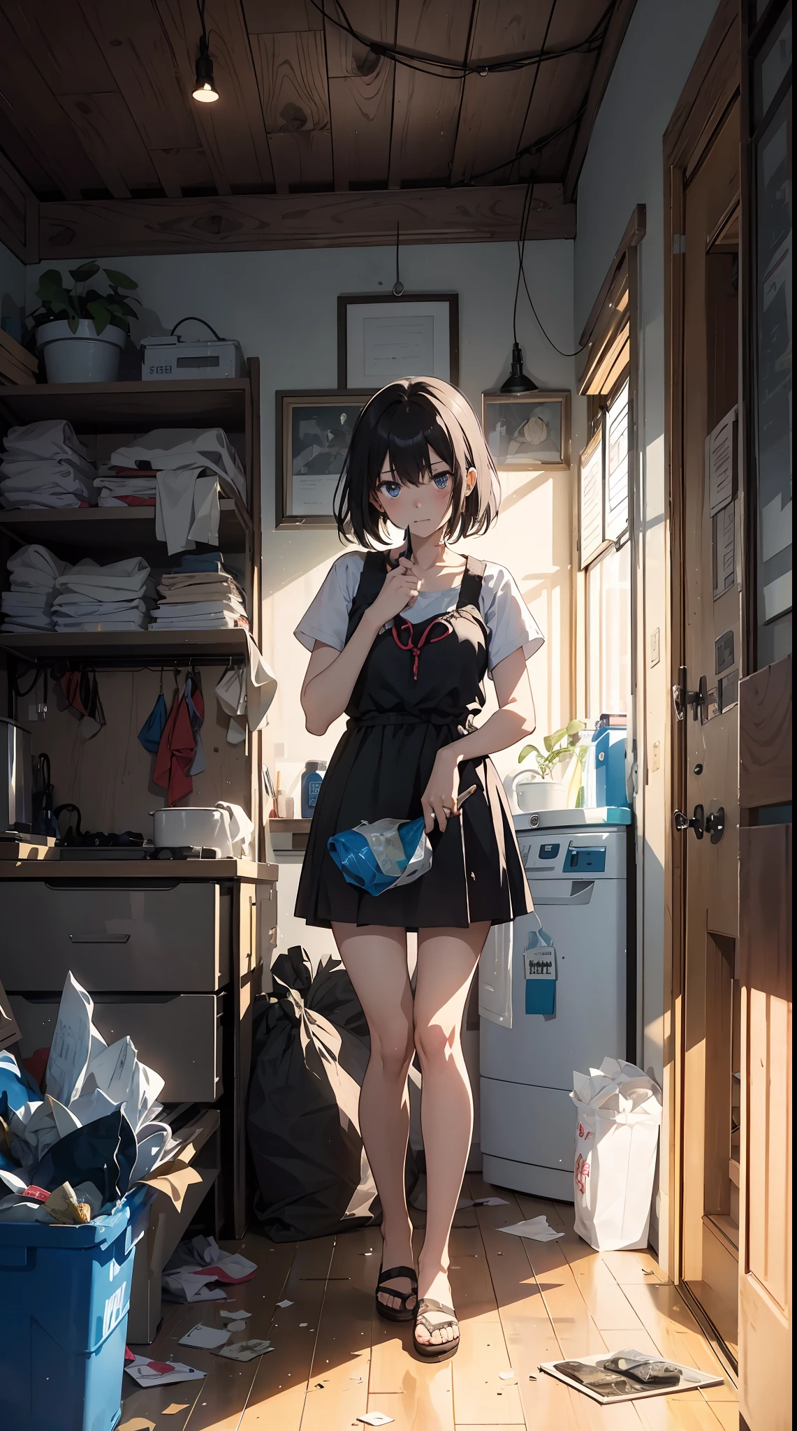 This illustration is、Pretty girl standing in a room filled with garbage、It depicts a moment when you are furious about the situation。She、Holding cleaning tools in hand、Its eyes are burning with anger。Among them、Old magazines、leftover food、Filled with unused household appliances。 however、The most notable is、She gives off「The high-energy body of the final mystery」is。This energy body is、Released from her body、Has the power to erase garbage in the room in an instant。ha、Emitting a pale light、That light is in the corner of the room々It has been delivered to。 This moment、Garbage burns out、The room becomes clean in an instant。 Eta、At its heart is、Anger subsides、A girl with a satisfied expression is standing。
