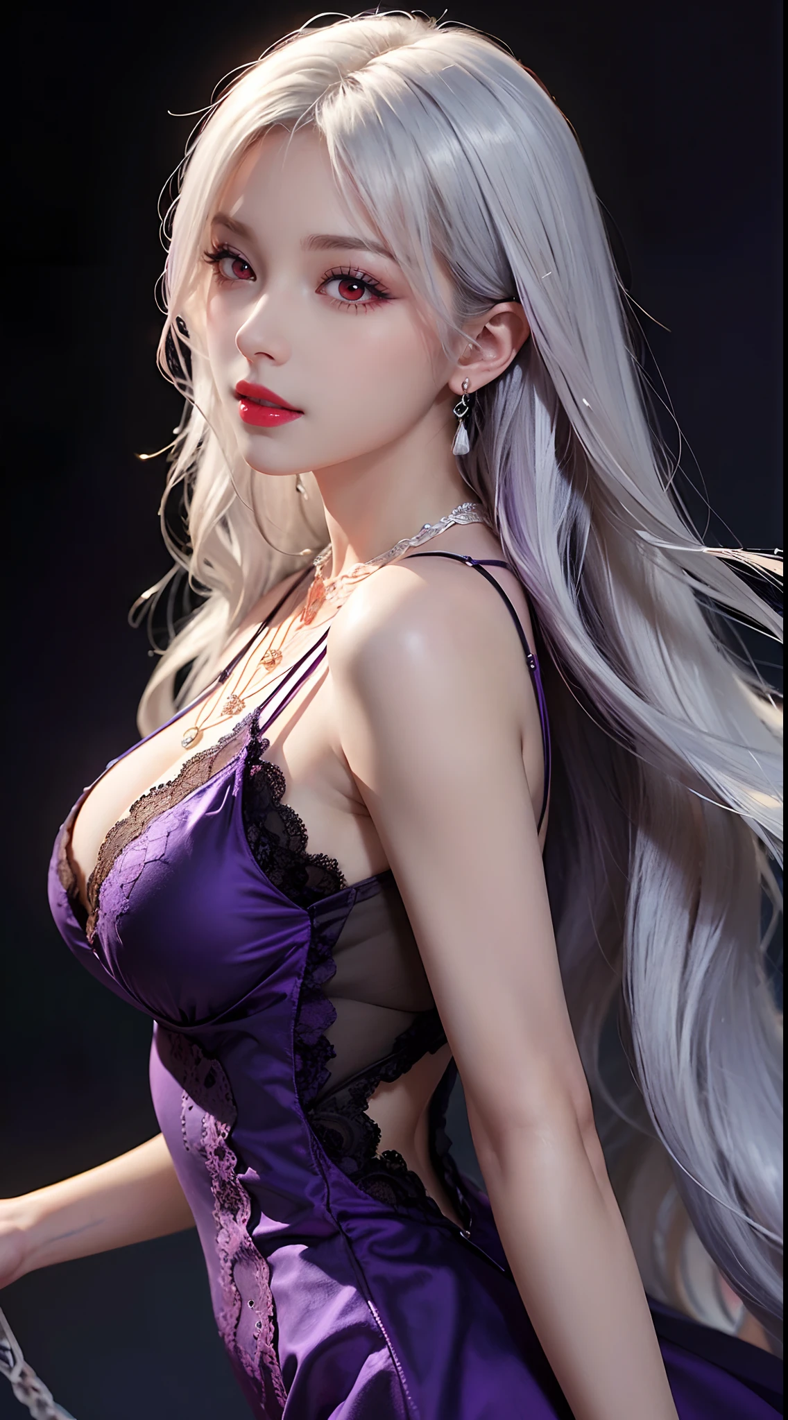 A beautiful and sexy 20 year old girl, wearing a super thin red dress, a diamond dress, ((long platinum hair:1.6)), bangs, elaborate jewelry made from gemstones and beautiful hair, ((wearing a purple lace necklace:1.6)), the girl's noble, noble style is extremely beautiful, her small face is super cute, her face is very pretty, her eyebrows are thin, flawless beautiful face, ((black eye pupils: 0.8)), very beautiful eyes, ((light red eyes: 1.5)), beautiful makeup and detailed eyelashes, wet eye makeup Ass, high nose, earrings, red lips, ((closed mouth: 1;5 )) beautiful lips, slim hands, most beautiful thighs, ((arms spread to the sides: 1.5)), rosy face, clean face will, flawless beautiful face, smooth white skin, ((big breasts: 1.5)), ((high breasts: 1.6)), Plump breasts, nice cleavage, ((big and super round breasts: 1.8)), ((super tight breasts: 1.5)) , beautiful breasts, back arms, beautiful girl's upper body, 8k photo, super high quality, super realistic, 10x super pixel, optical, dark studio, light border, two-tone lighting , (highly detailed skin:1.2), ultra 8k, soft light, high quality, volumetric lighting, realistic, Photo, high resolution, lighting, best photo, 4k, 8k quality , blur effect, Smooth sharp, 10 x pixels, (galaxy: 1.7), aurora, lightning, surreal graphics, most realistic graphics, alone, solo, Extremely sharp images, surreal, (((front portrait:1.3)))."
