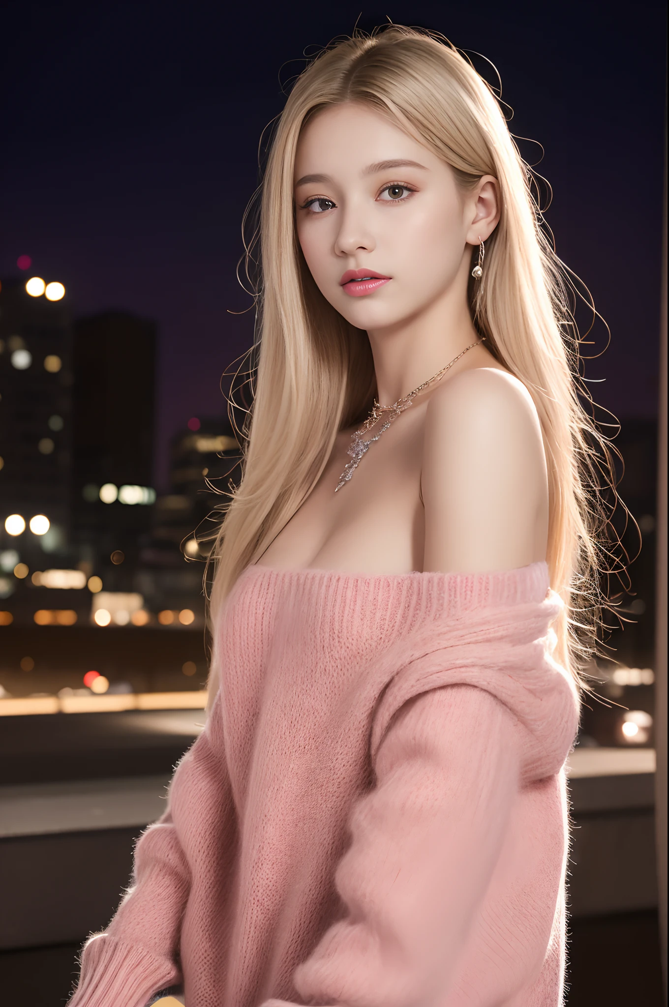 18yo 1girl, Only, Long hair, medium breasts, Looking at Viewer, Blonde hair, Bare shoulders, Brown eyes, Jewelry, Full body, Necklace, Schulterfly, Sweaters, Painted lips, Realistish, Nose, Flirting with camera on bright city background, night photo, On your side, well lit pink and small, .