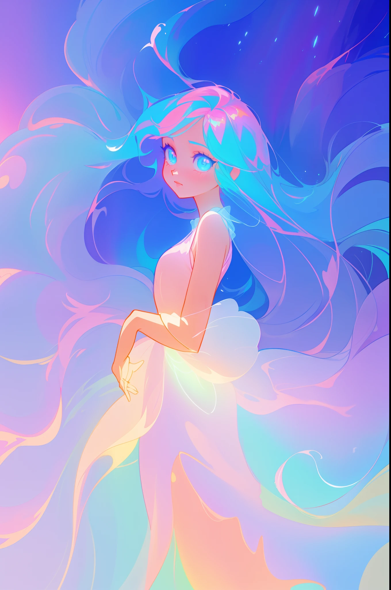 beautiful anime girl, inspired by Glen Keane, inspired by Lois van Baarle, (disney art style), by Lois van Baarle, glowing aura around her, by Glen Keane, jen bartel, glowing lights! digital painting, flowing glowing hair, glowing flowing hair, beautiful digital illustration, magical, whimsical, fantasia background, liquid ballgown, liquid hair, colorful, beautiful eyes, beautiful face, masterpiece, best quality, perfection