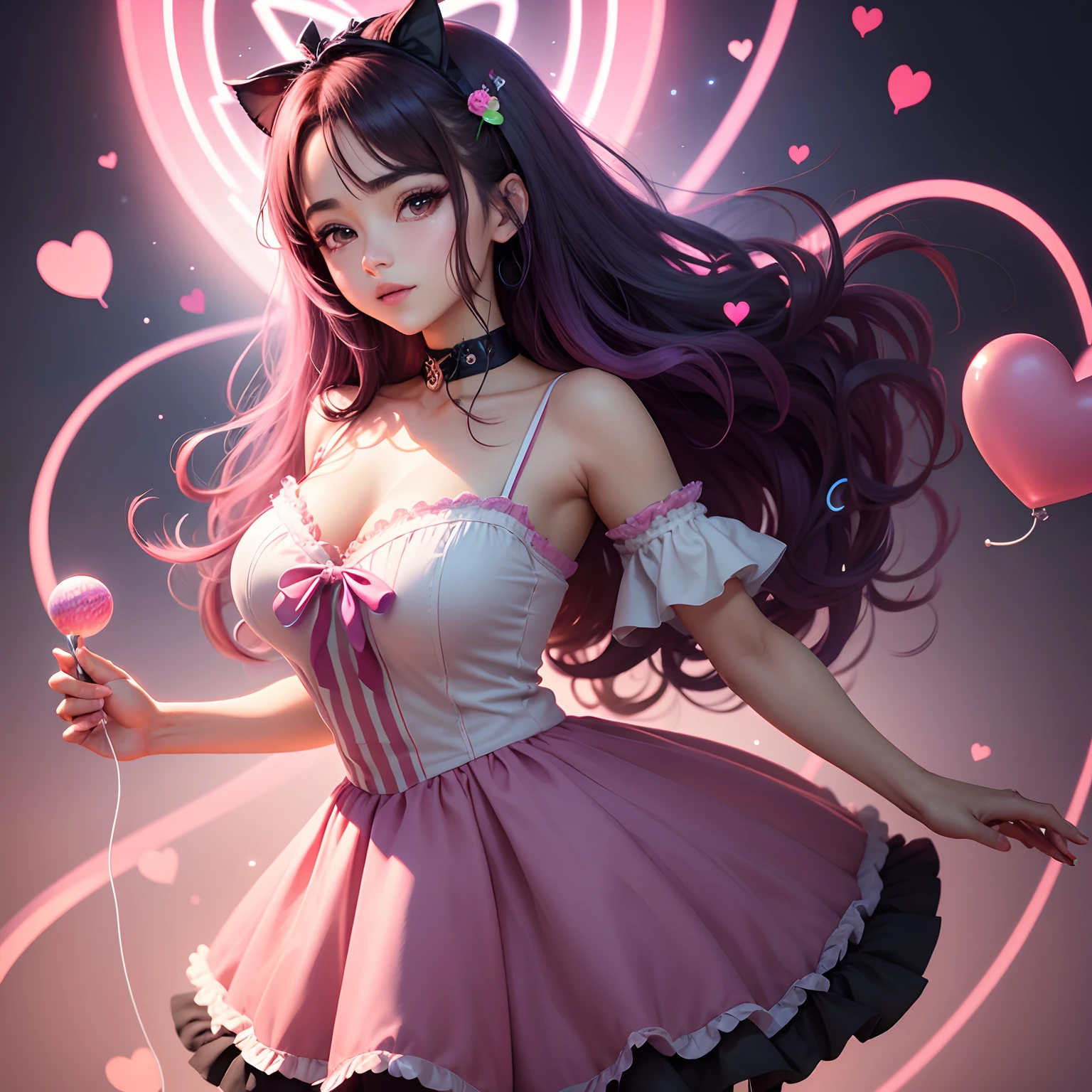 Linda garota fofa , estilo kawai anime coreana , olhos grandes e fofos brilhantes rosa, fundo preto, luzes deslumbrante de seus cabelos ondulados rosa, neon rosa, holding a heart lollipop, fones de ouvidos neons, floating holographic colored bubbles, imagem fofa e alegre