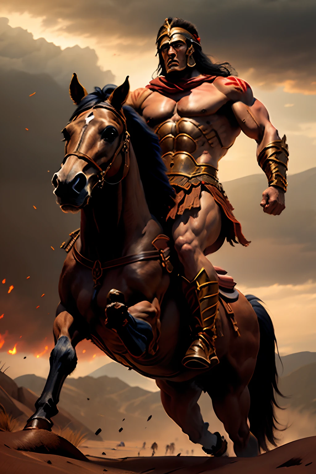 Running male centaur，The upper body is a man, The lower body is a horse，vast pecs，bared  chest，Wide shoulders，Armed with a bow and arrow，Carry quiver，An endless wasteland，scorching sun，Long flowing ponytail，brown  hair，Brown body hair，Striped hair, surrealism, Cinematic lighting, vanishing point, 8K, Super detail, hyper HD, Masterpiece, Textured skin, High details, High quality, Best quality