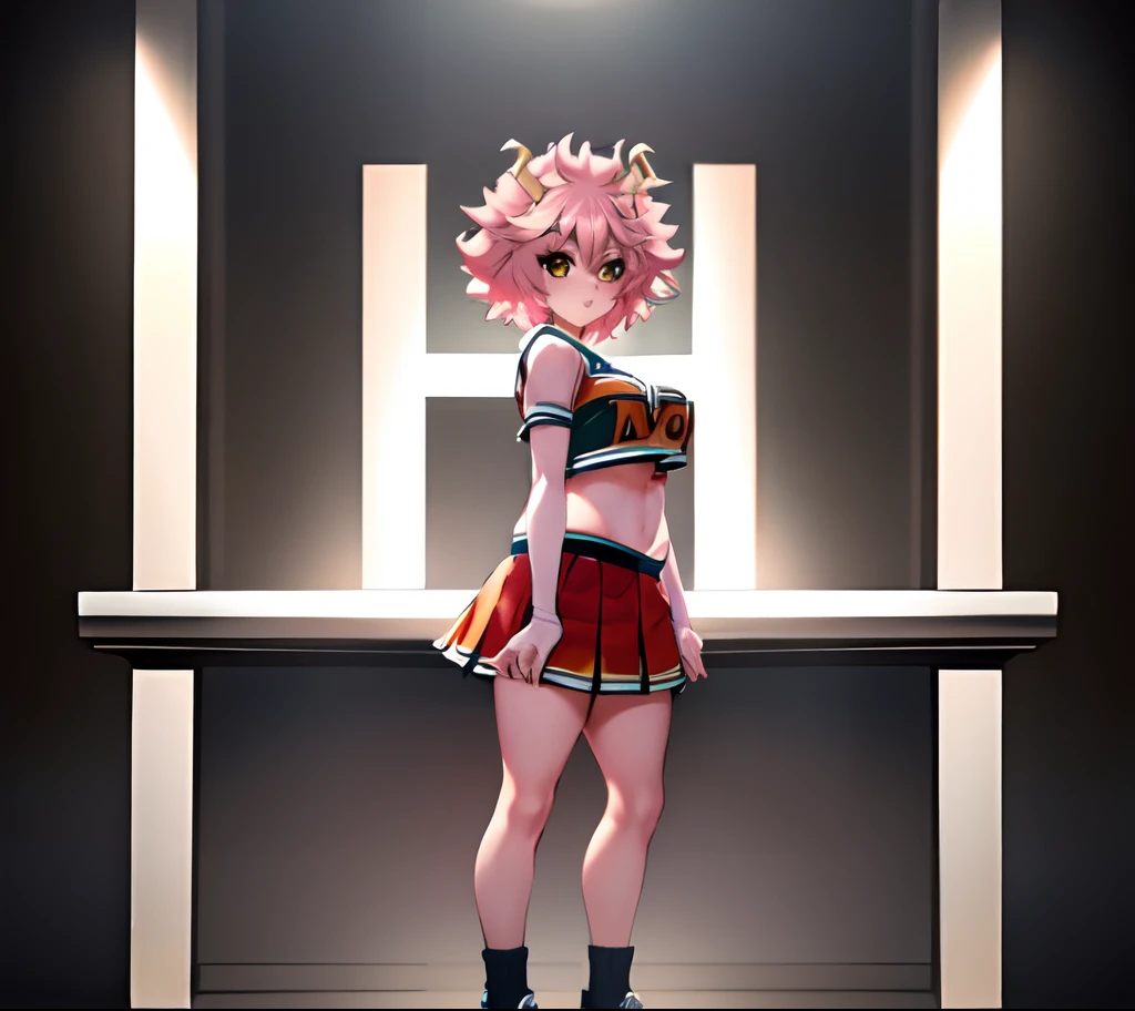 mina ashido, 1girl, solo, looking at viewer, short hair, simple background, yellow eyes, pink hair, horns, colored skin, colored sclera, black sclera, pink skin, U.A. CheerUniform, orange skirt, (bare belly), perfect shading, bare shoulders, big breasts
