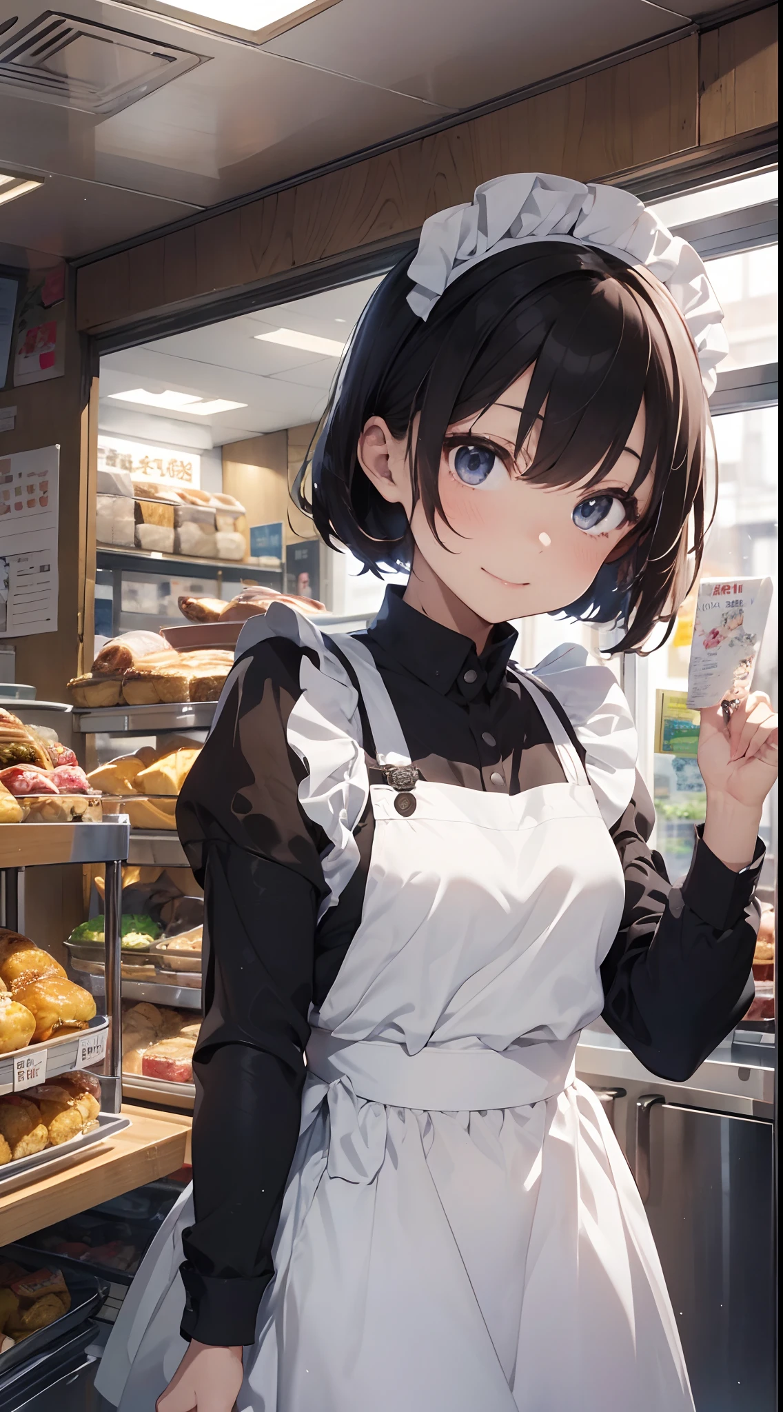 Maid：Bob has to、Her eyes are green and she has a bright smile、The uniform is a classic maid outfit of black and white, with a long skirt and ankle-length、The apron looks white and neat.、In the hand is holding a tray background：In the maid café、There is a counter, table and chairs、Menus and posters are on the walls、You can see the city from the window、The inside of the store is bright, clean and has a fashionable atmosphere The main character：The maid is a college student who works at a maid café.、A girl who has an otaku hobby and likes maid clothes。She is kind and polite to her customers.、time々I'm going to do a jerk.。She falls in love with a man she meets at a maid café.、There is a secret that the man was actually a professor at her university.