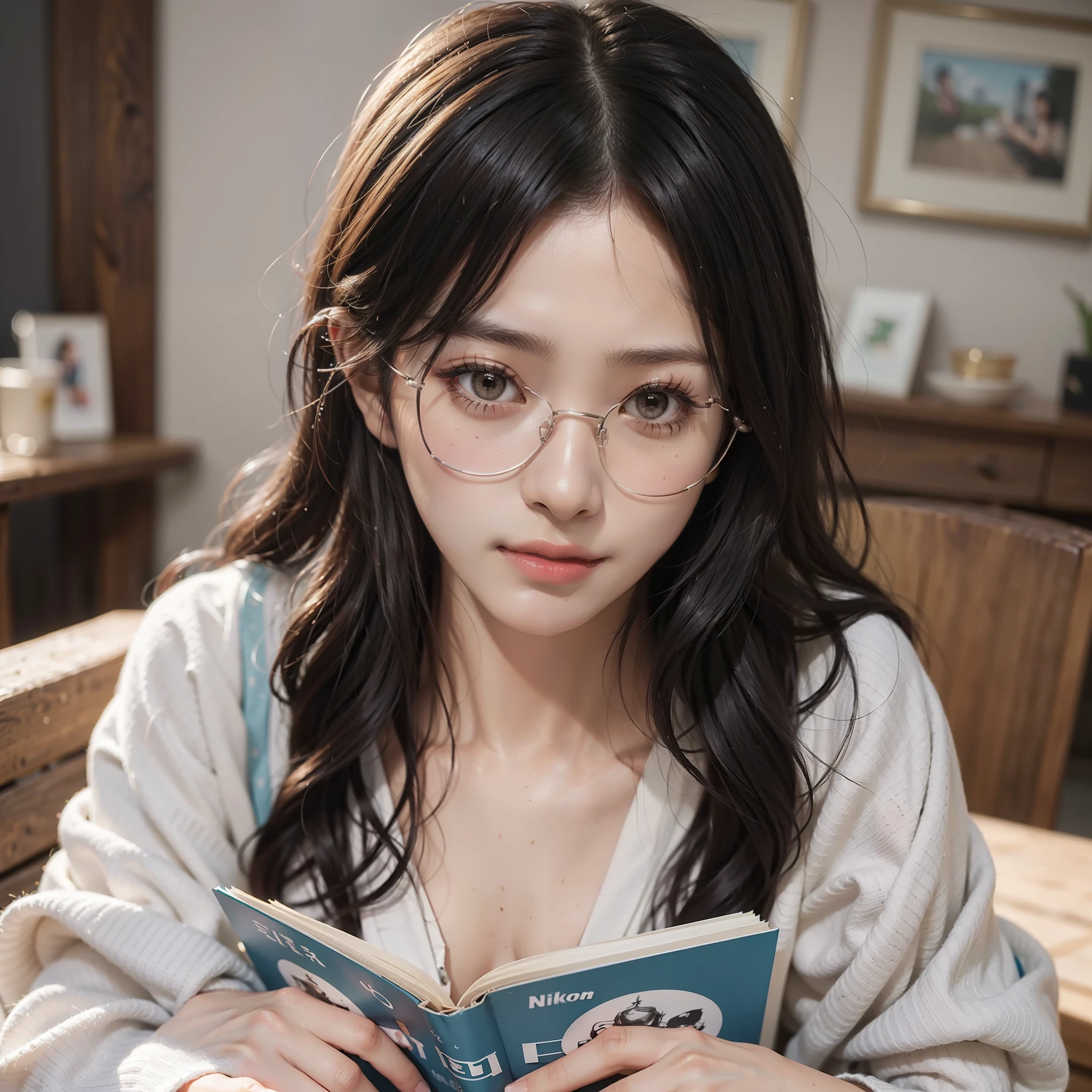 Geeky woman in glasses reading a book in a stylish café、from waist up、Asian woman smiling at Alafe,、1 persons、Young Pretty Gravure Idol、Young skinny gravure idol, Realistic Young Gravure Idol, Young Sensual Gravure Idol, Photorealistic: 1.5、japanes, drooping eyes: 1.3, Perfect proportions, Portrait, ((Nikon Student) (Photo)) (8K, FujifilmXT3, masutepiece, ((Real Skin)) (No retouching, Lip gloss, False eyelashes, Real Skin, Highest Quality, Ultra-high resolution, depth of fields, chromatic abberation, Caustics) , Wide Lighting, Natural Shading))