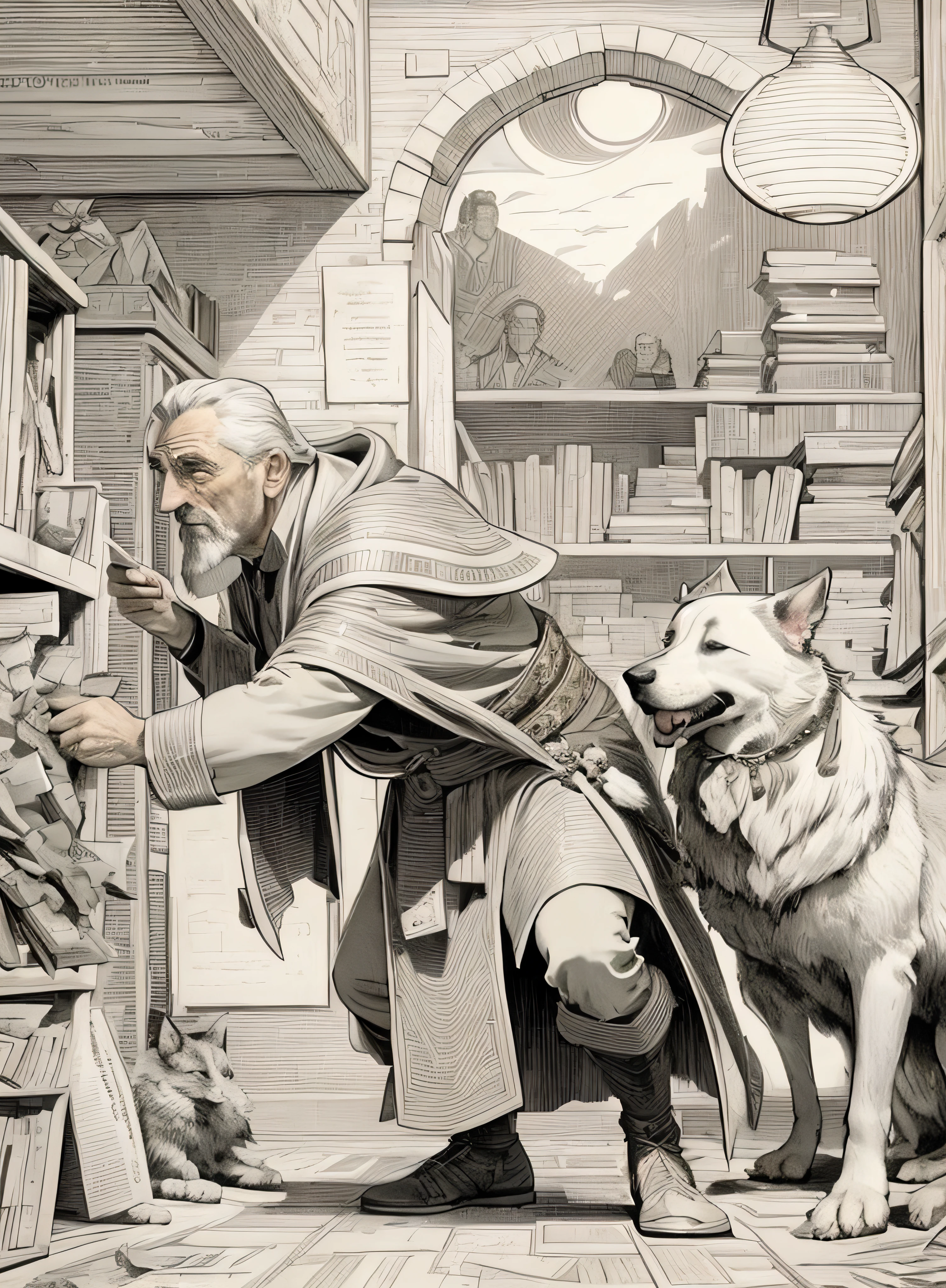 there is a man Robert De Niro kneeling down with a dog in a library, martin ansin, j. c. leyendecker. d&d, by José Comas Quesada, martin ansin artwork portrait, moebius and alphonse mucha, j. c. leyendecker 8 k, adolf wolfli and donato giancola
