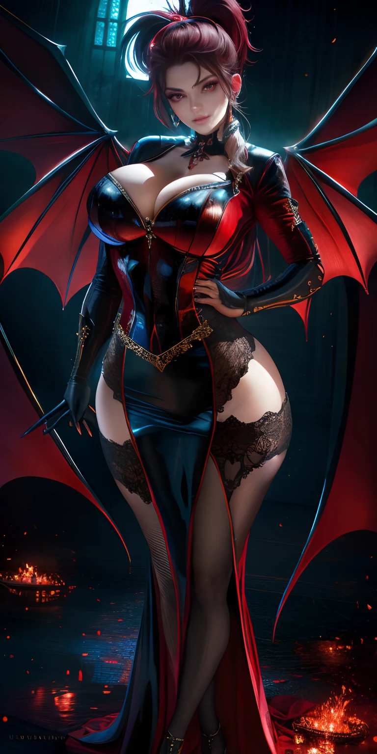 Fine, (Best Illustration), 8k Resolution, Intricate Details, Best Quality, Realistic, Ultra Detailed, Best Lighting, Best Shadows, Ultra HD, A Necromancer, Night, Magic, Dark Style, Vampire, Bat wings, shining red eyes, masterpiece, high_res, Beautiful face, tyndall effect, photo realistic, (high detailed skin:1.2), 8k uhd, dslr, high quality, Photograph, high resolution, 4k, 8k, Bokeh, medium breasts, absurdres, ponytail contorted, best ratio four finger and one thumb,