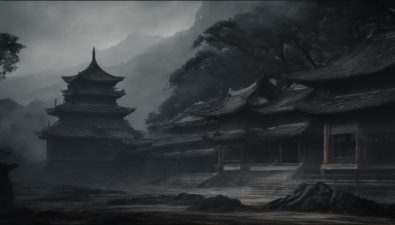 Quaint Han Dynasty style temple,There was an ancient Chinese monk who sat and meditated(closeup cleavage),Meditate,zazen,age-old tree,falling leaf,(Chinese landscape painting style),(Pastel ink painting),(8k wallpaper),(light and shadow effect),rendering by octane,White balance design,Extremely detailed picture depiction,wide angles,depth of fields,tmasterpiece,realisticlying,Beautifully depicted,A detailed,acurate,Works of masters,tmasterpiece