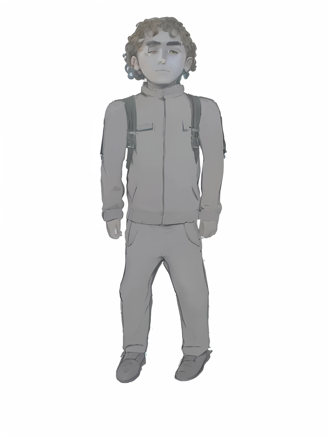 Latin boy with dark brown brown hair, algo de barba, chaqueta verde musgo, mochila negra, pantalones negros y zapatillas plomas con lineas verdes.