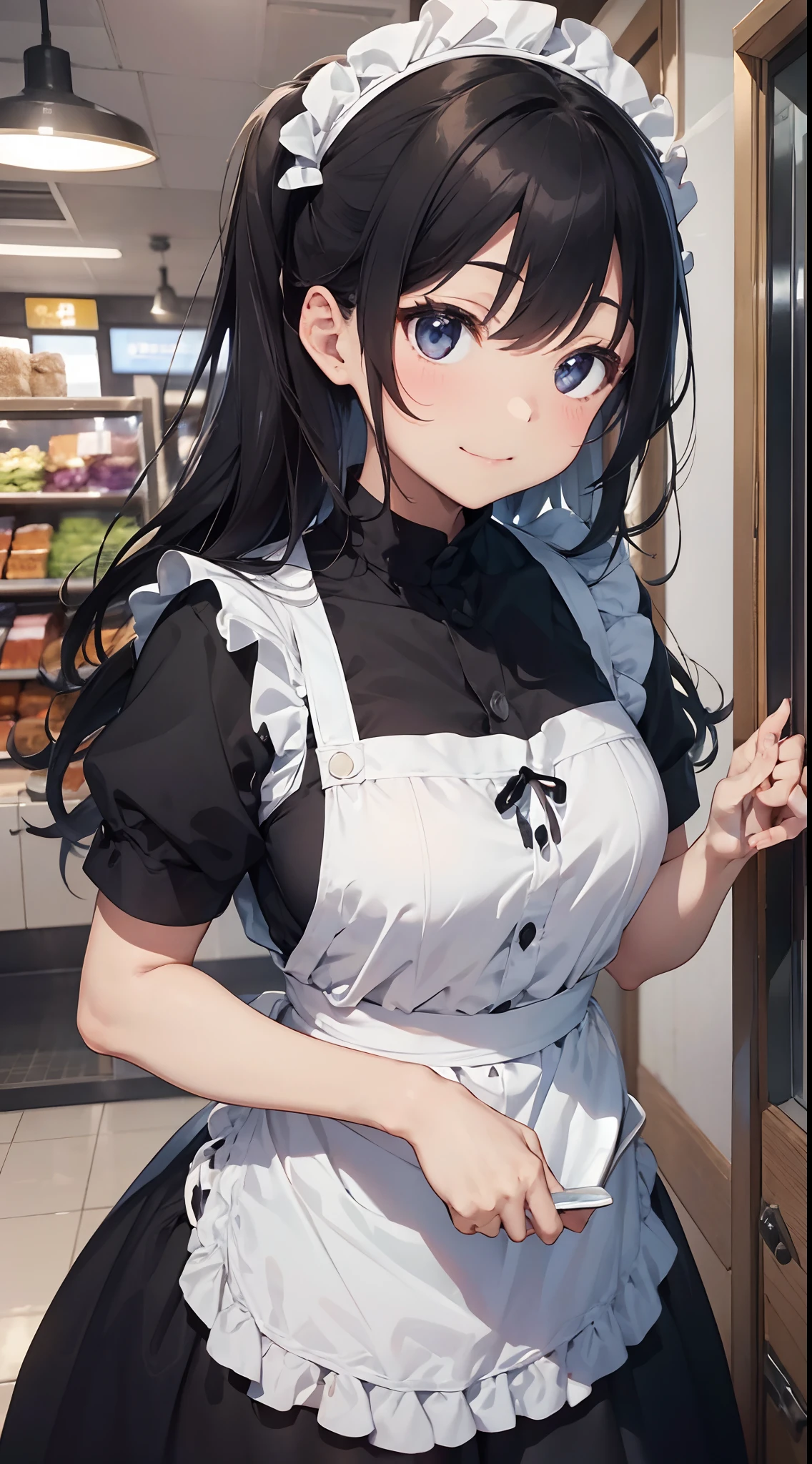 Maid：Bob has to、Her eyes are green and she has a bright smile、The uniform is a classic maid outfit of black and white, with a long skirt and ankle-length、The apron looks white and neat.、In the hand is holding a tray background：In the maid café、There is a counter, table and chairs、Menus and posters are on the walls、You can see the city from the window、The inside of the store is bright, clean and has a fashionable atmosphere The main character：The maid is a college student who works at a maid café.、A girl who has an otaku hobby and likes maid clothes。She is kind and polite to her customers.、time々I'm going to do a jerk.。She falls in love with a man she meets at a maid café.、There is a secret that the man was actually a professor at her university.