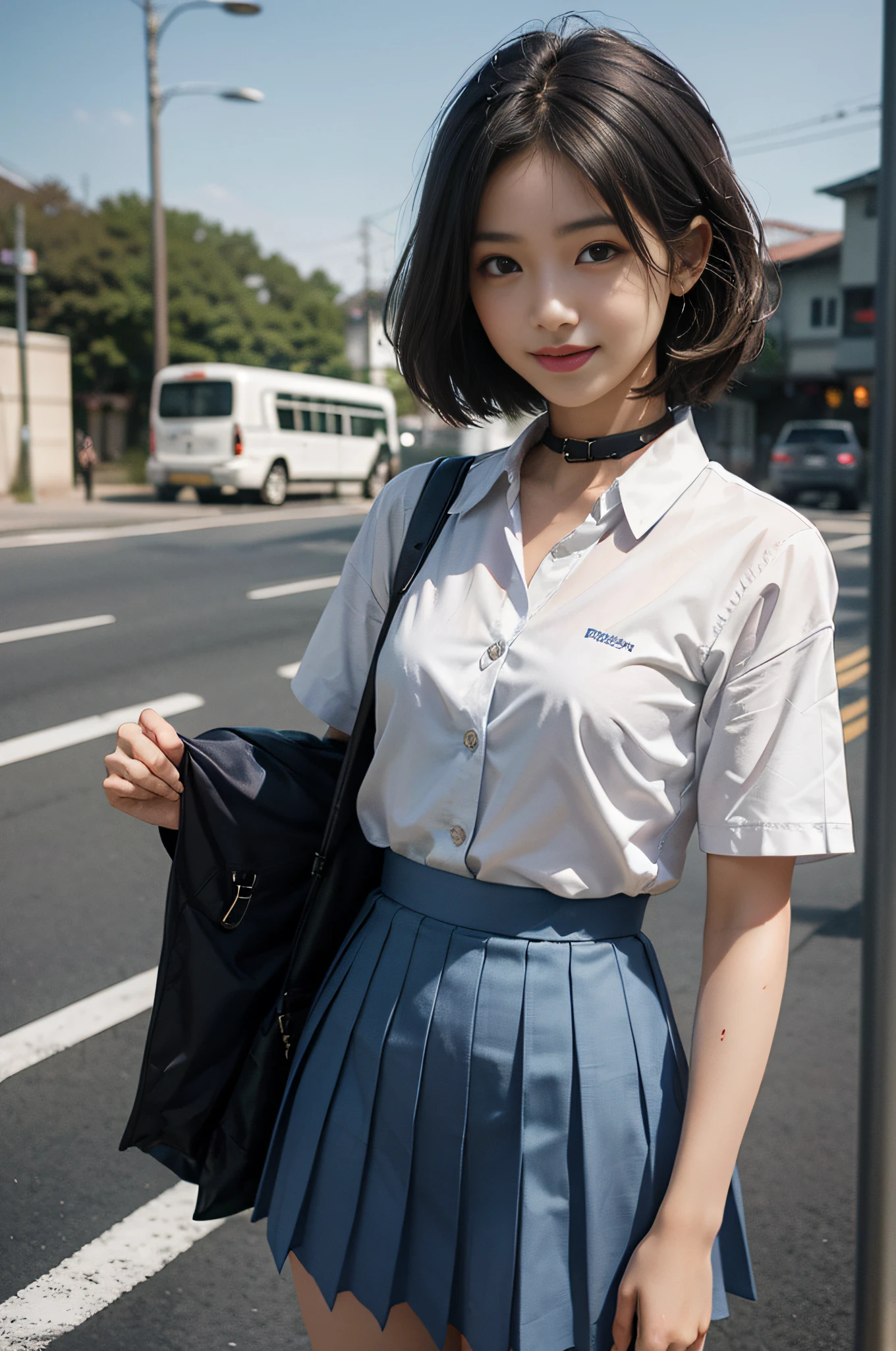 Shoot Bob Hair、high school girls、(((Summer School Uniform)))、white shirts、Blue striped tie、Short sleeve、Dark blue prill skirt、Walking、8Head and body、In the urban cityscape、walkway、Keyaki Avenue、short wavy hair、Small head、Pale pink lips、smiling smile、happiness、tiny breasts、Small hips、skinny body