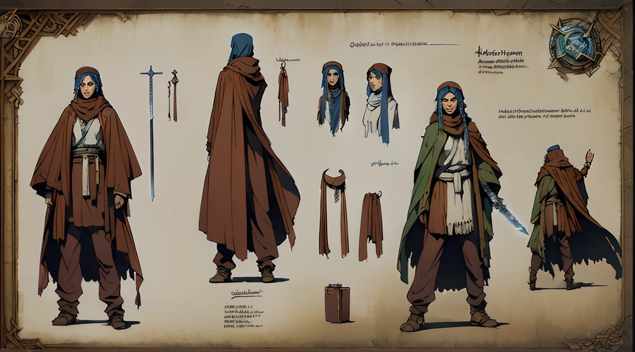 (masterpiece, best quality) detailed, character sheet, many items ( the same person, shaman sword, hook, scarf, holy book) concept art of a character in the forground with a cold desert in the background, a modern shaman , woman, chromatic line art, accurate hands and face