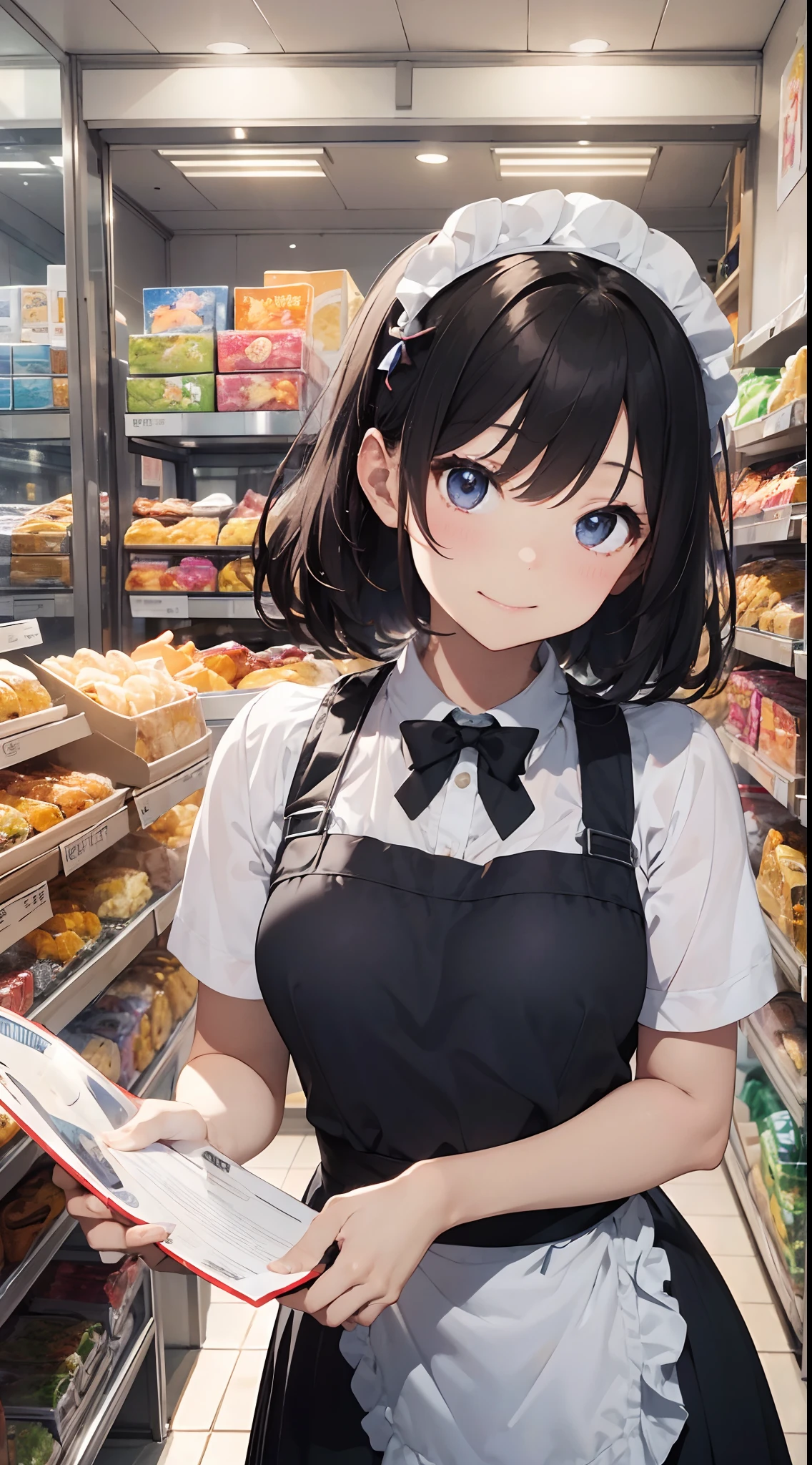 Maid：Bob has to、Her eyes are green and she has a bright smile、The uniform is a classic maid outfit of black and white, with a long skirt and ankle-length、The apron looks white and neat.、In the hand is holding a tray background：In the maid café、There is a counter, table and chairs、Menus and posters are on the walls、You can see the city from the window、The inside of the store is bright, clean and has a fashionable atmosphere The main character：The maid is a college student who works at a maid café.、A girl who has an otaku hobby and likes maid clothes。She is kind and polite to her customers.、time々I'm going to do a jerk.。She falls in love with a man she meets at a maid café.、There is a secret that the man was actually a professor at her university.