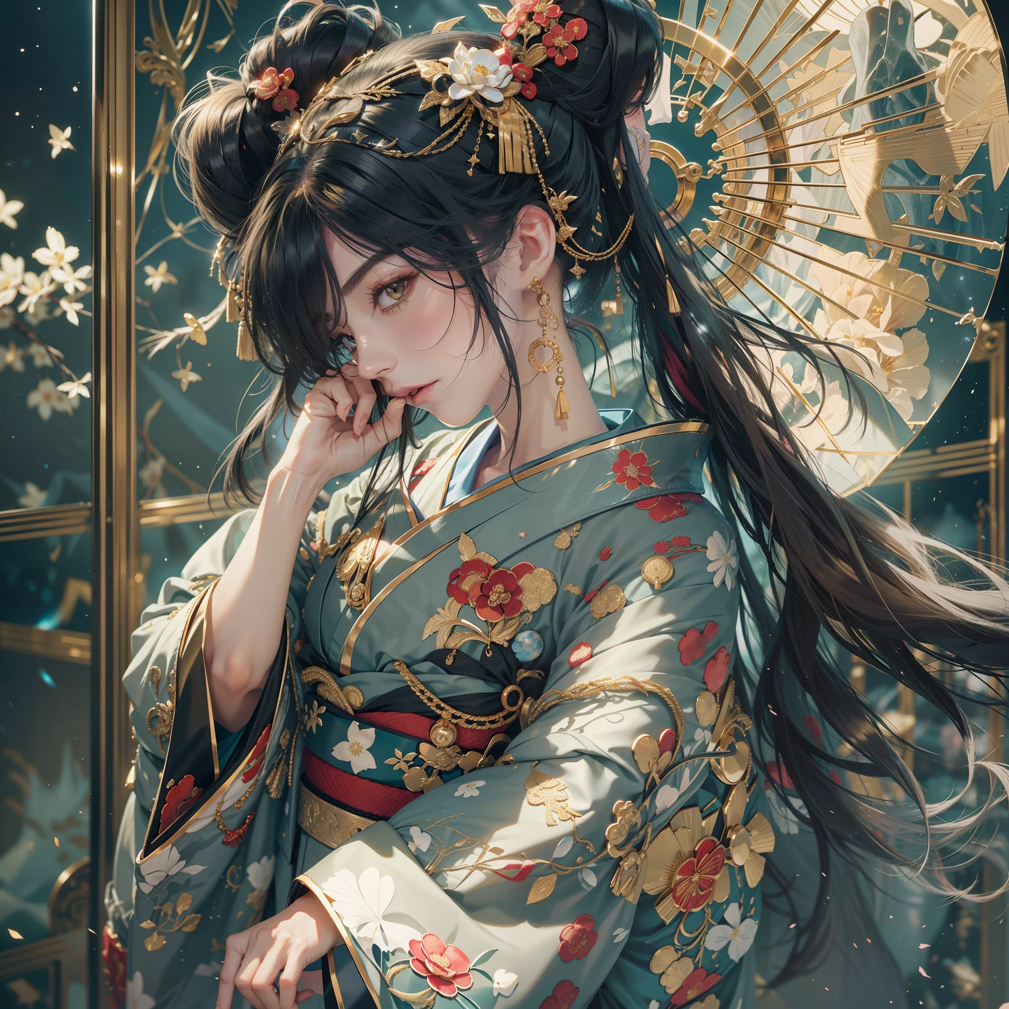 watching at viewers,Gouño on dark background(in Kyoto、starryskybackground,dense background),perfect hand、poneyTail、Woman with shiny black hair、Break elaborate costumes{Luxury kimono(Colorful kimono(Detailed golden embroidery,))}、face perfect,Depict a beautiful and graceful woman of Japan。Heart in the eye。full body Esbian。 Wallpaper 8K, .Blur the background with a sickle,((masutepiece)), ((Best Quality)),(Photorealistic:1.5)