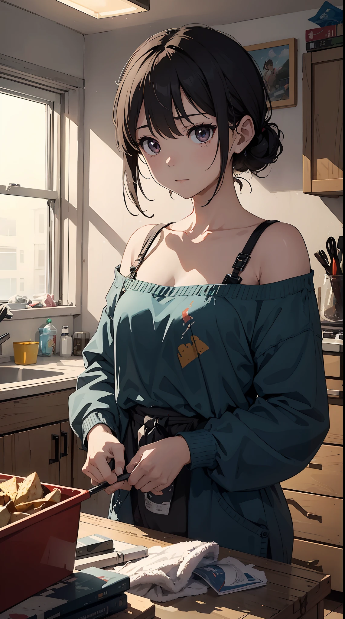 This illustration is、Pretty girl standing in a room filled with garbage、It depicts a moment when you are furious about the situation。She、Holding cleaning tools in hand、Its eyes are burning with anger。Among them、Old magazines、leftover food、Filled with unused household appliances。 however、The most notable is、She gives off「The high-energy body of the final mystery」is。This energy body is、Released from her body、Has the power to erase garbage in the room in an instant。ha、Emitting a pale light、That light is in the corner of the room々It has been delivered to。 This moment、Garbage burns out、The room becomes clean in an instant。 Eta、At its heart is、Anger subsides、A girl with a satisfied expression is standing。