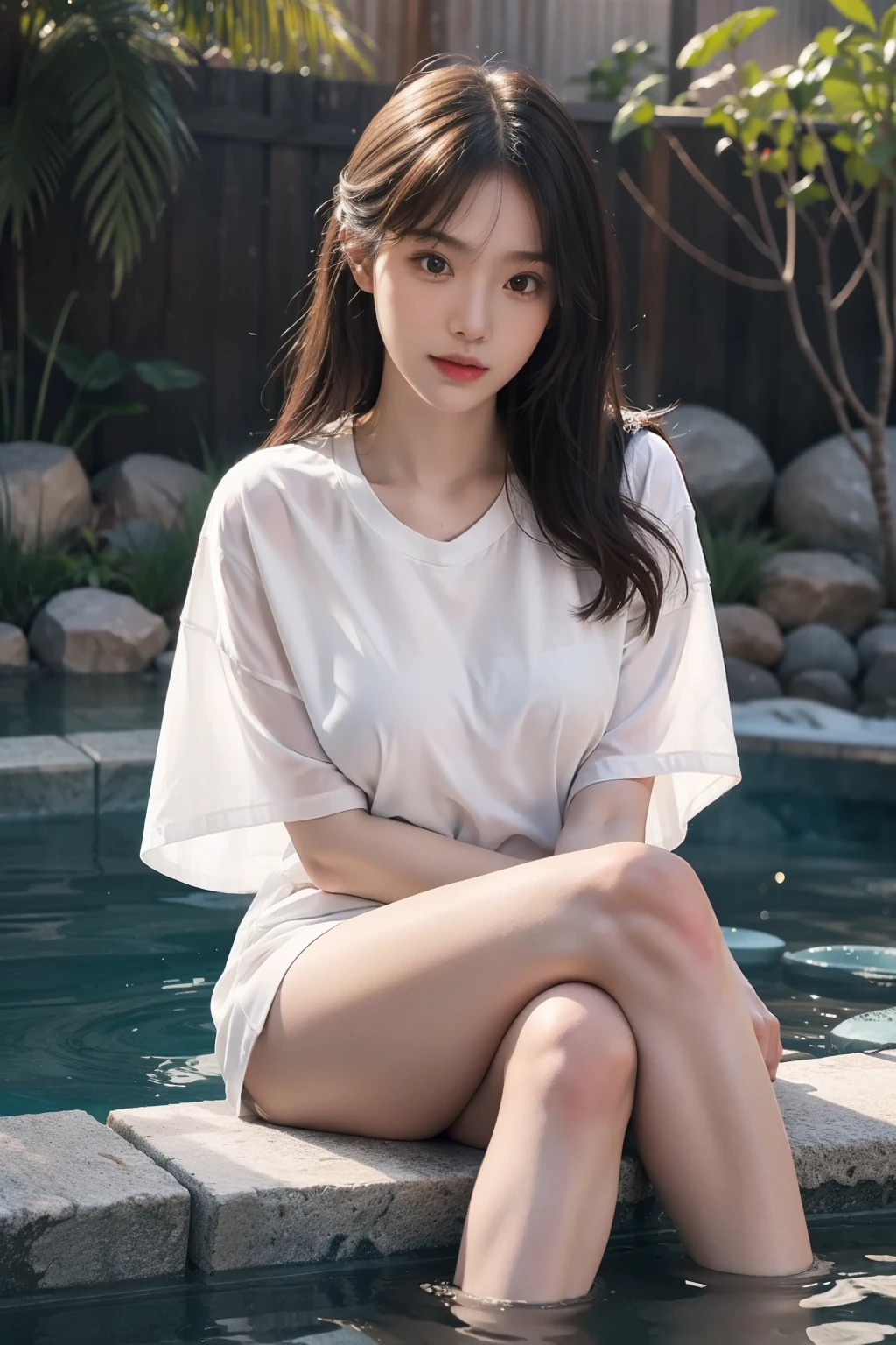 (full bodyesbian:1.5),(1girll:1.3),(view the viewer:1.4),(anatomy correct:1.4),(Sitting in the hot spring:1.2),(Wear an oversized white shirt:1.2),(Accurate and perfect face:1.3),(Long legs:1.3),hyper HD, Ray traching, reflective light, structurally correct, Award-Awarded, High detail, Fade-in and fade-out shadow contrast, Face lighting ,Cinematic lighting, Masterpiece, super detailing, High quality, High detail, Best quality, 16k,High contrast,
