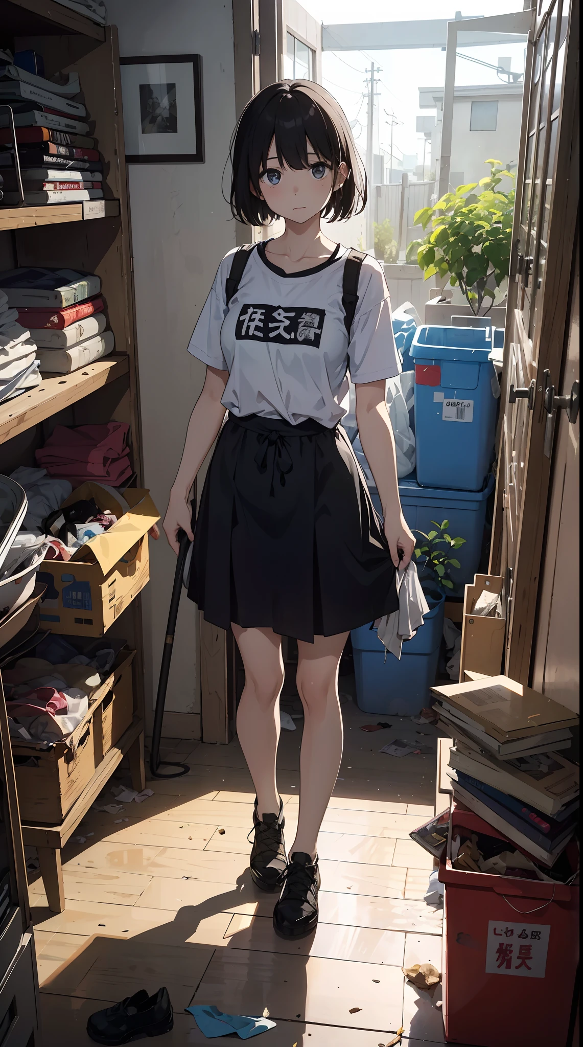This illustration is、Pretty girl standing in a room filled with garbage、It depicts a moment when you are furious about the situation。She、Holding cleaning tools in hand、Its eyes are burning with anger。Among them、Old magazines、leftover food、Filled with unused household appliances。 however、The most notable is、She gives off「The high-energy body of the final mystery」is。This energy body is、Released from her body、Has the power to erase garbage in the room in an instant。ha、Emitting a pale light、That light is in the corner of the room々It has been delivered to。 This moment、Garbage burns out、The room becomes clean in an instant。 Eta、At its heart is、Anger subsides、A girl with a satisfied expression is standing。