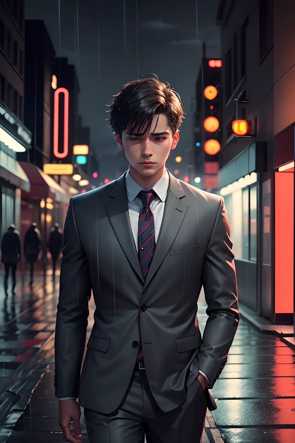 a young man in a gray suit crying in the rain at night, blue and red lights, Line Art, Cinematic, Sad, Lonely, Nightlight