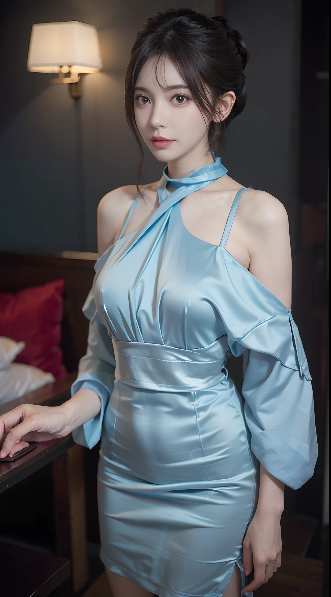 (masuter piece:1.3)、(8K、Photorealsitic、RAW photography、top-quality: 1.4)、(1girl in)、beautiful countenance、(lifelike face)、(whaite hair、Medium hair:1.3)、Beautiful hairstyle、photorealistic eye、Beautiful details、(real looking skin)、Beautiful skins、(blouse)、absurderes、enticing、超A high resolution、ultra-realistic realism、high detal、the golden ratio、Bright sunlight、Short ponytail hair