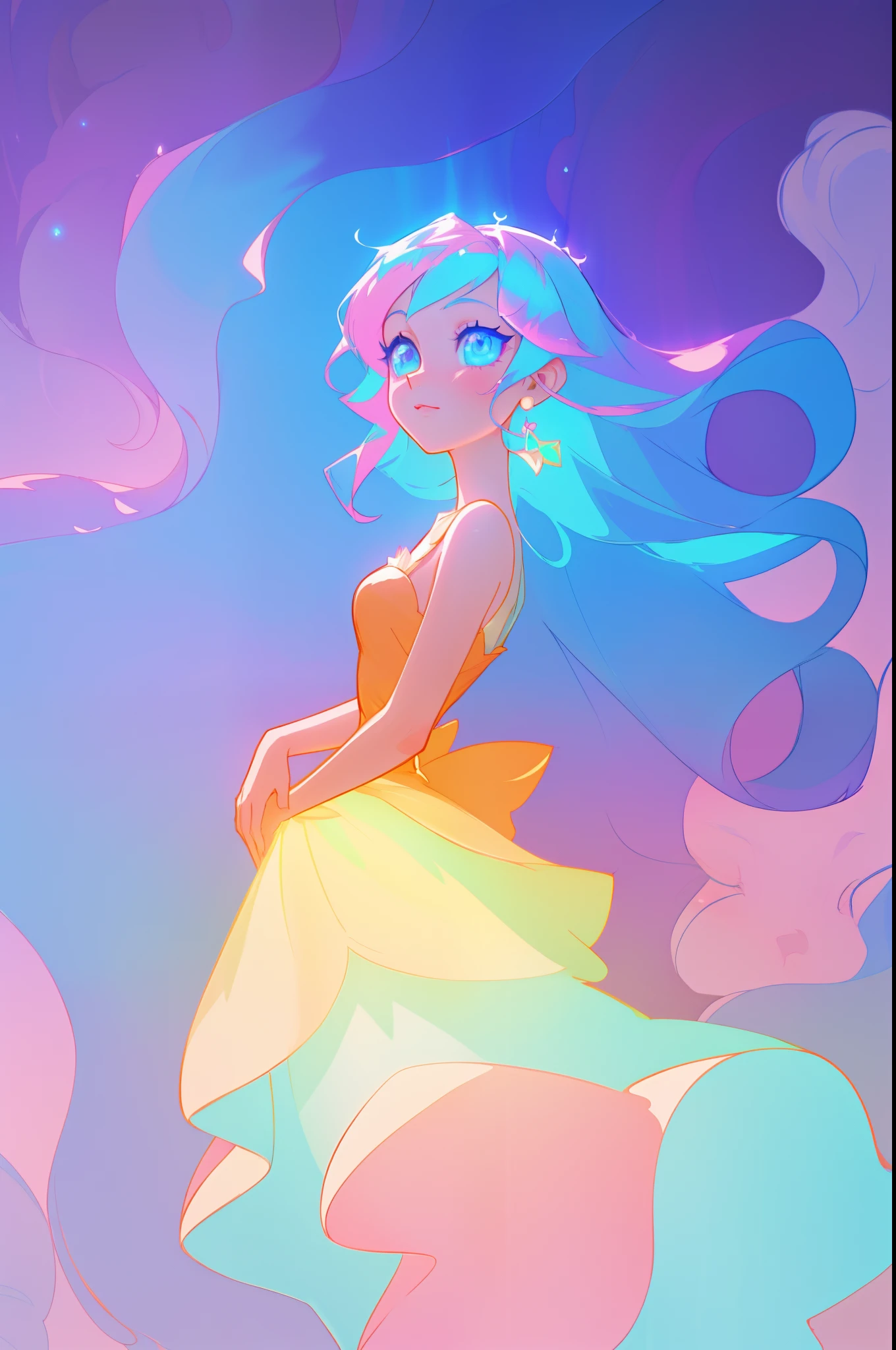 beautiful anime girl in an intricate layered princess ballgown, inspired by Glen Keane, inspired by Lois van Baarle, disney art style, glowing aura around her, glowing lights, flowing glowing hair, magical, whimsical, fantasia background, liquid hair, colorful, beautiful eyes, beautiful face, masterpiece, best quality, perfection