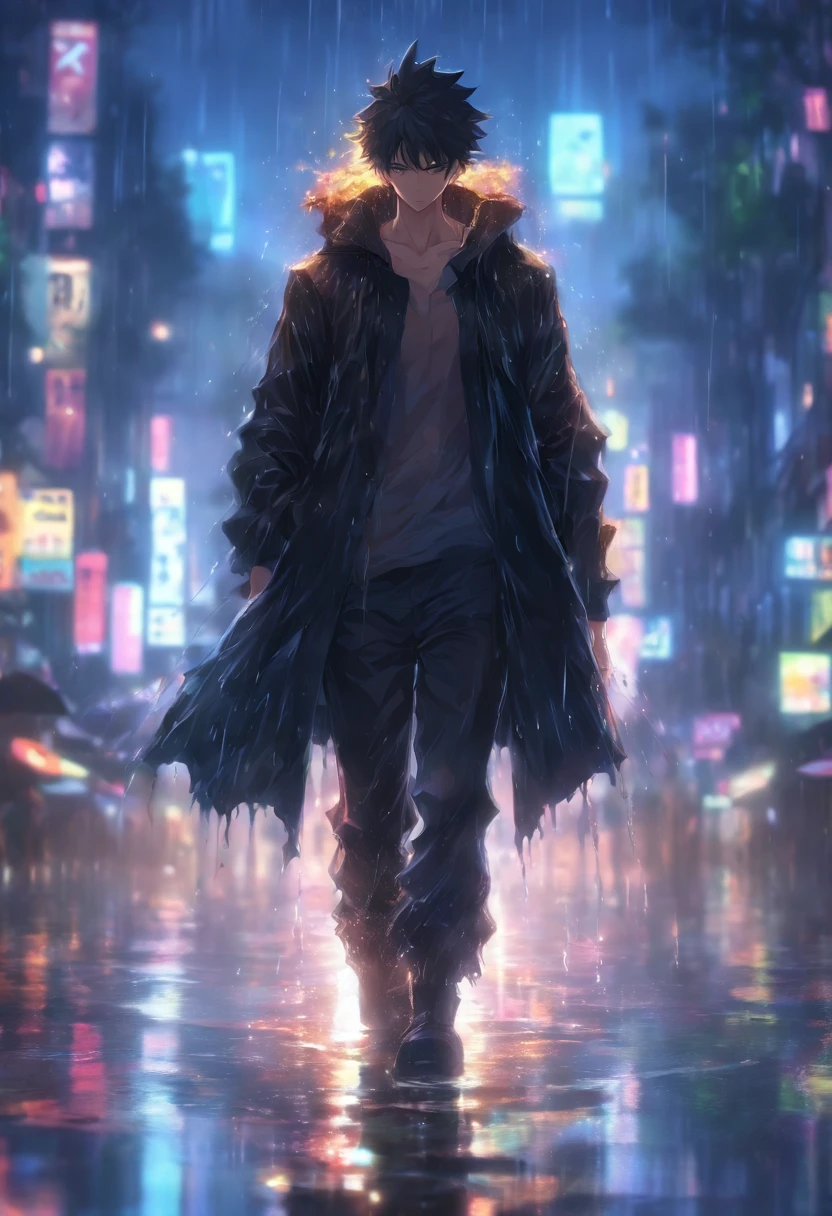 A man walks on the back of a rainy day, Ray tracing, Wet black clothes, Gloomy dark lighting, high high quality, Ultra-detailed, Realistic, Dark portrait, hdr, Intense colors, Wet streets, Reflection of light in a puddle, Cinematic atmosphere.