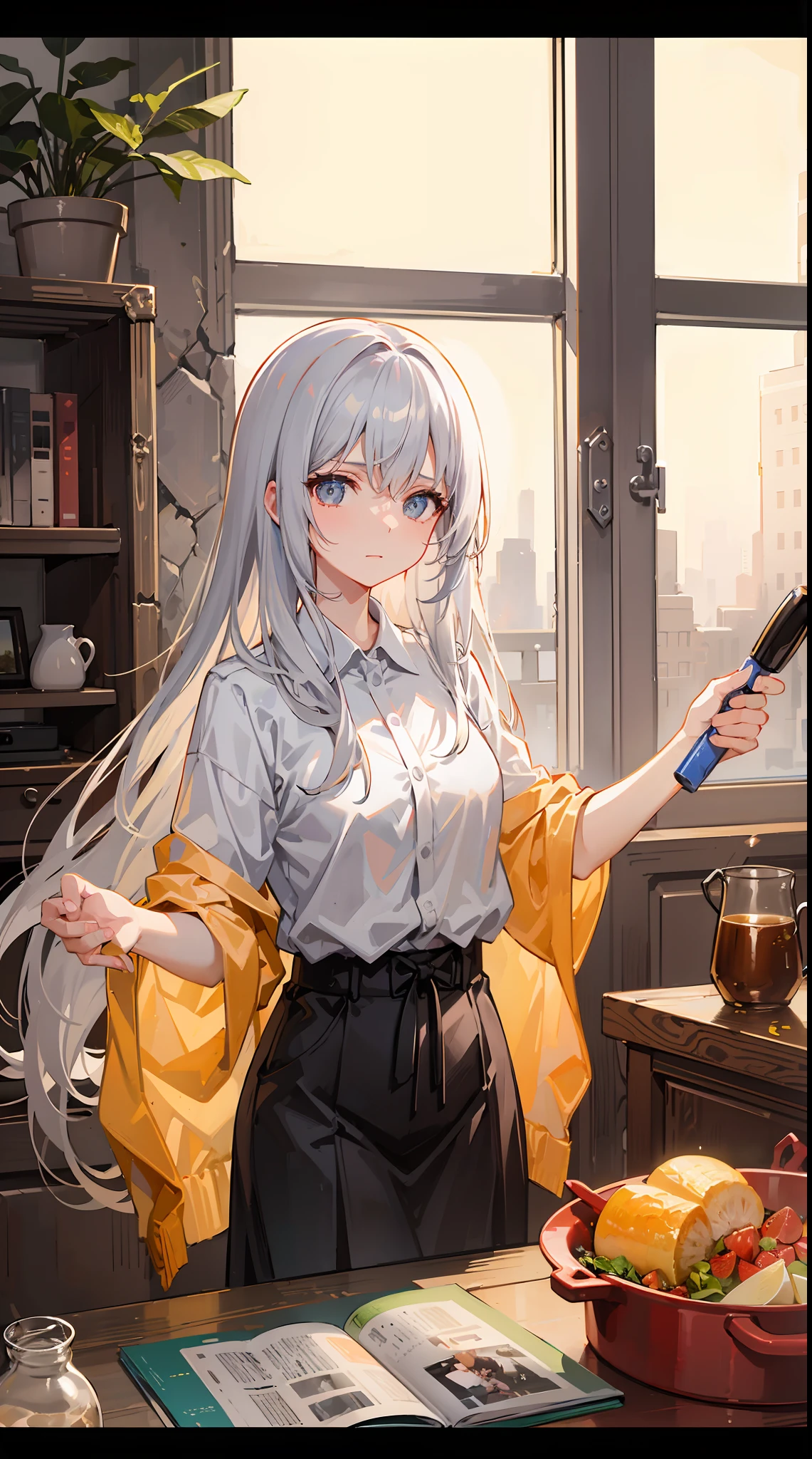 This illustration is、Pretty girl standing in a room filled with garbage、It depicts a moment when you are furious about the situation。She、Holding cleaning tools in hand、Its eyes are burning with anger。Among them、Old magazines、leftover food、Filled with unused household appliances。 however、The most notable is、She gives off「The high-energy body of the final mystery」is。This energy body is、Released from her body、Has the power to erase garbage in the room in an instant。ha、Emitting a pale light、That light is in the corner of the room々It has been delivered to。 This moment、Garbage burns out、The room becomes clean in an instant。 Eta、At its heart is、Anger subsides、A girl with a satisfied expression is standing。