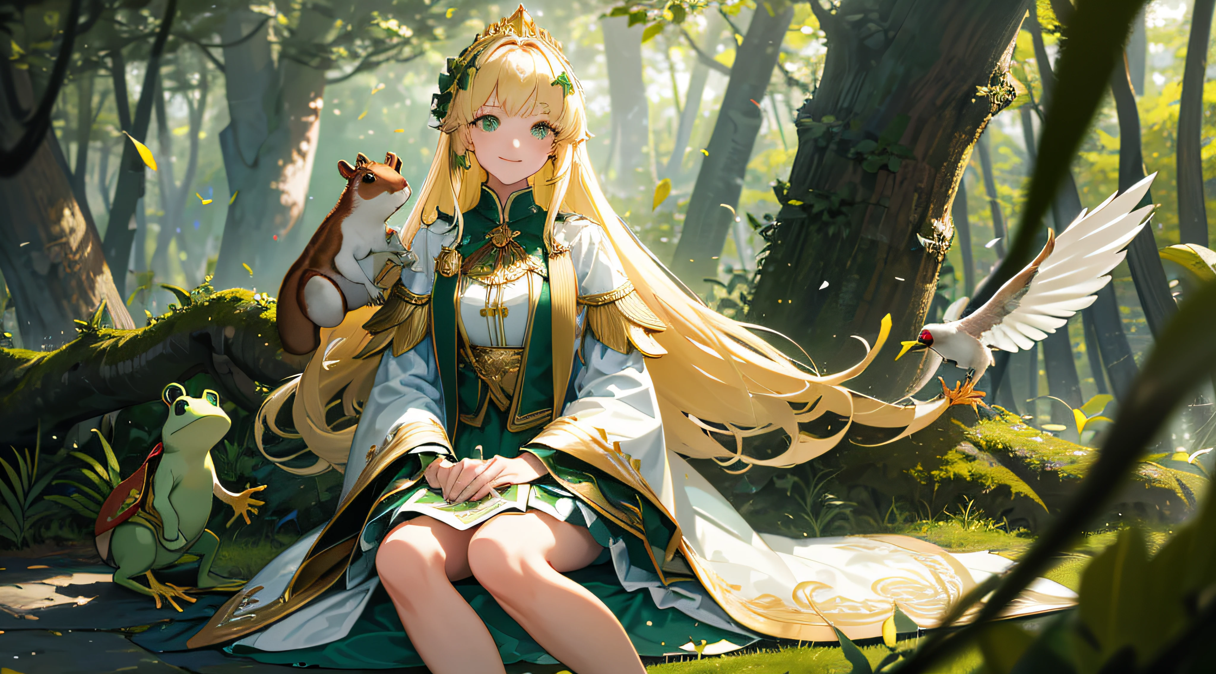 (((Masterpiece, Best Quality, High Definition, High Detail))), One Princess, Blonde Long Straight Hair, Green Eyes, White Short Skirt with Gold Embroidery, Green Surfcoat with Gold Embroidery, Smile, Forest, Sun Through the Trees, Strong Wind, Confetti, Sitting. crouching down to chat with an eager squirrel, a cheerful frog by her side, and a friendly bird perched on her shoulder.