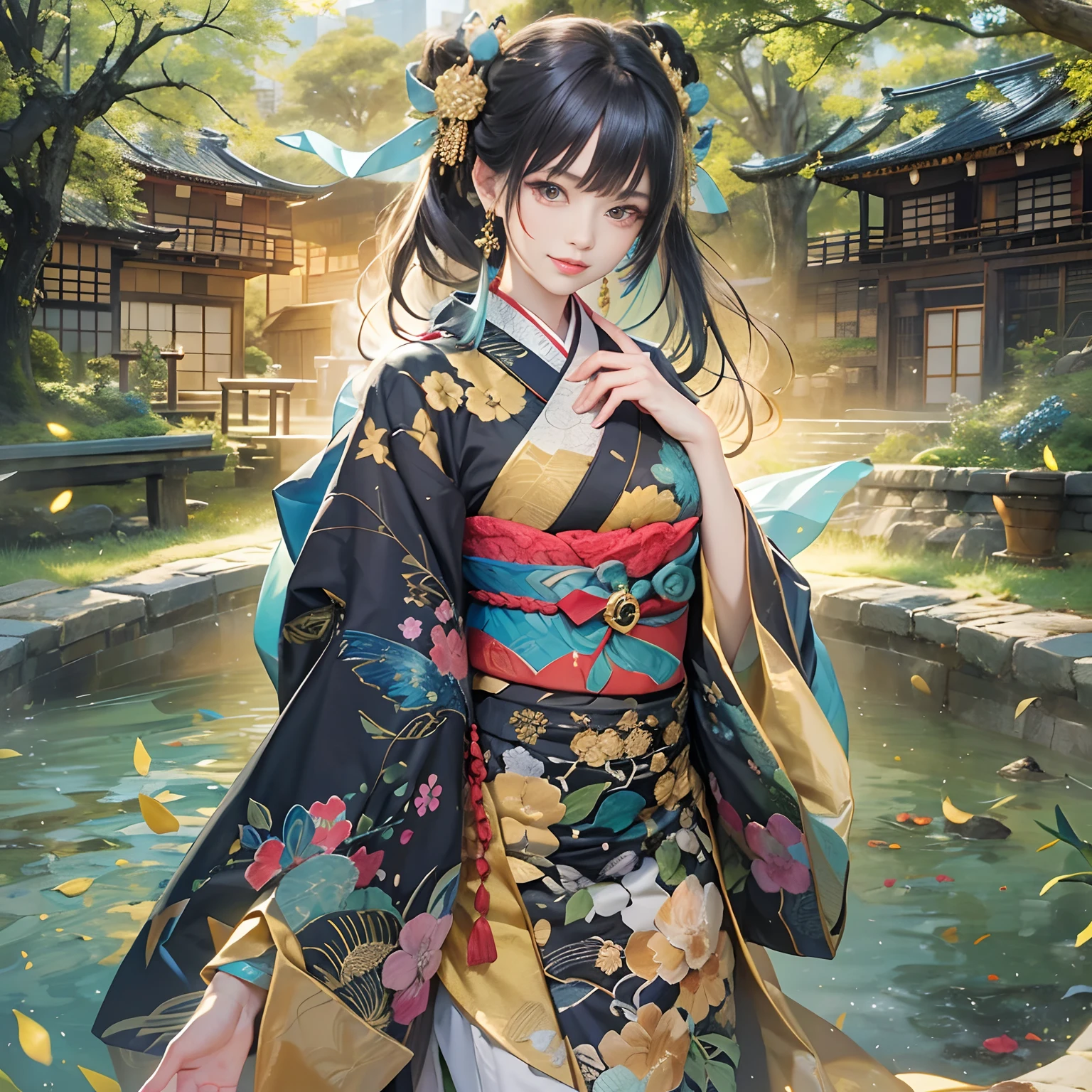 watching at viewers、Ancient capital and moon in the background、Dense background、poneyTail、Woman with shiny black hair、perfect hand、break {{{Luxury kimono(Colorful kimono(Detailed golden embroidery,))}}}、face perfect,Depict a beautiful and graceful woman of Japan。Heart in the eye。full body Esbian。 Wallpaper 8K, .Blur the background with a sickle,((masutepiece)), ((Best Quality))